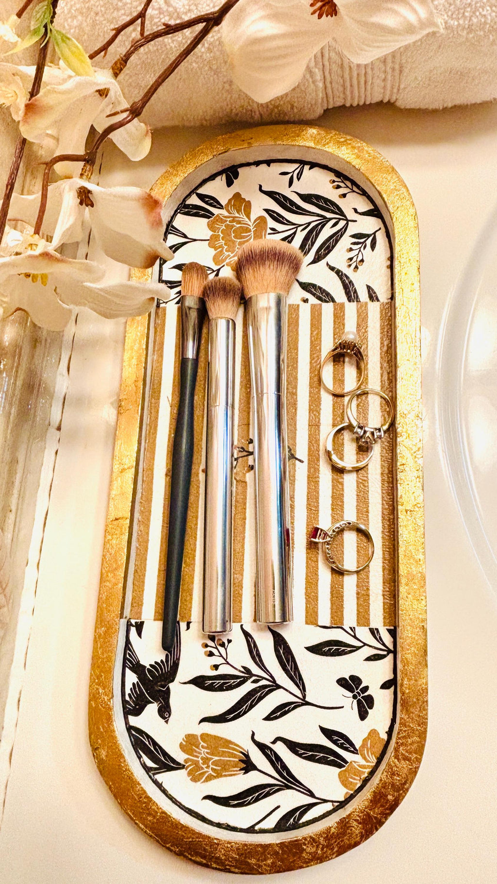 Vanity Tray, Bold Black and Gold, Floral and Stripe Design