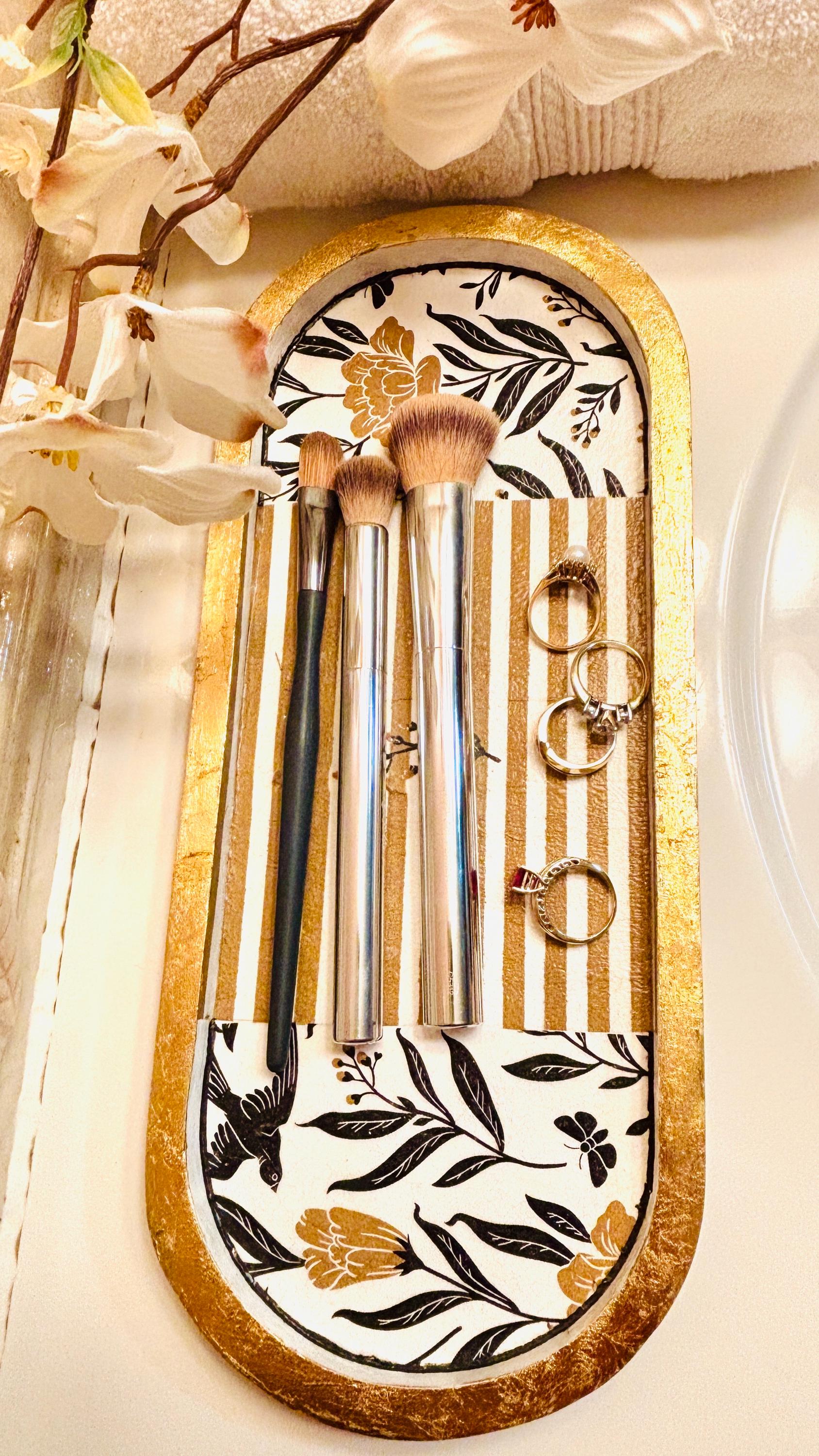 Vanity Tray, Bold Black and Gold, Floral and Stripe Design