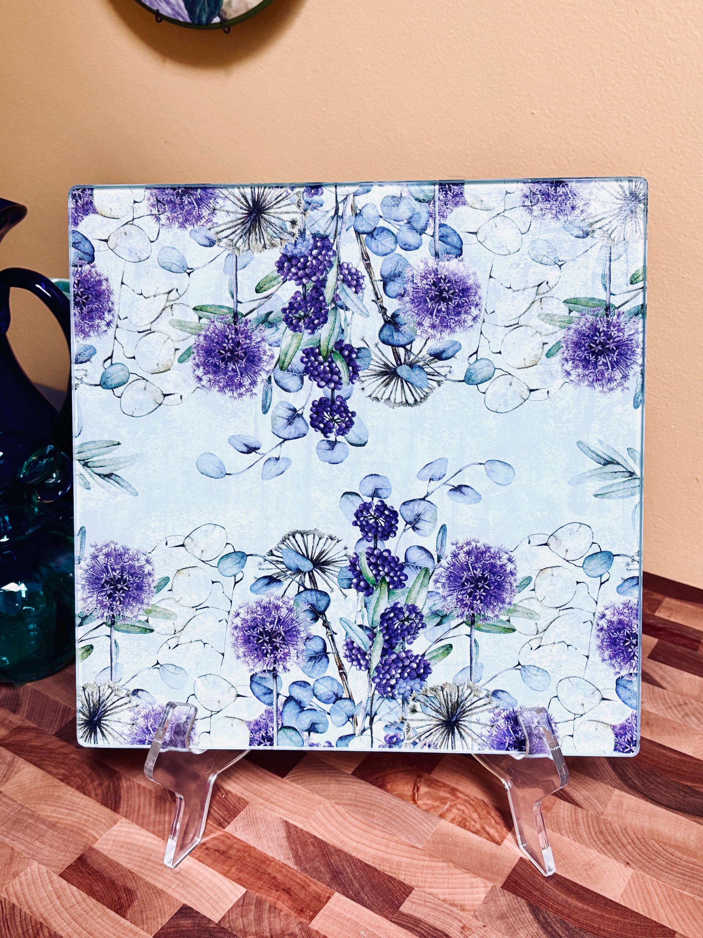 Square 10" Glass Cutting/Cheese Board, Purple Flowers and Raspberries Design