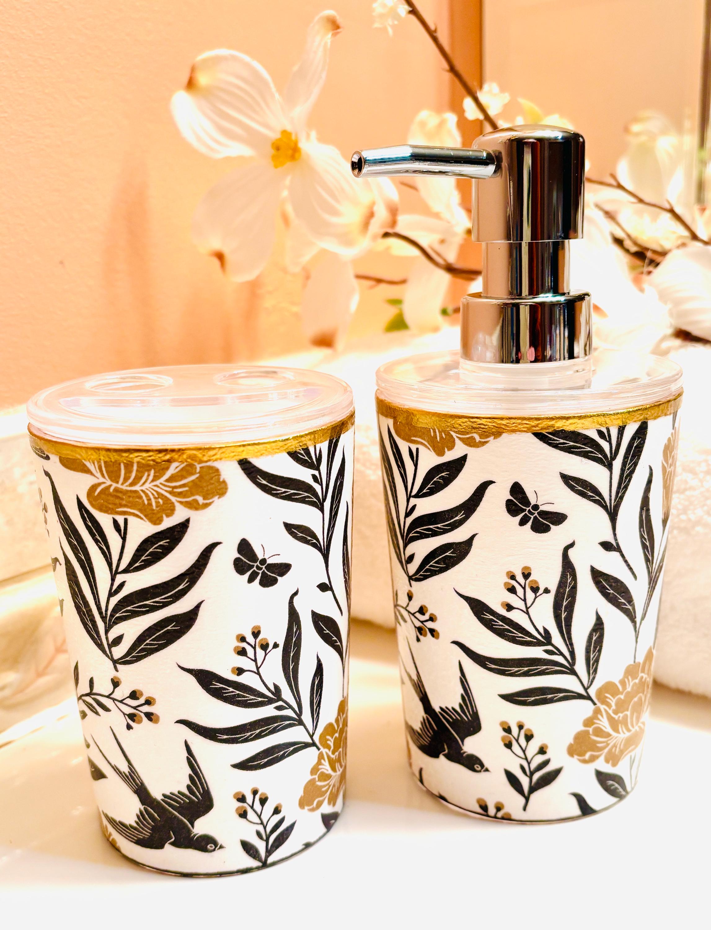 Vanity Soap Dispenser & Toothbrush Holders, Bold Black and Gold, Floral and Stripe Design