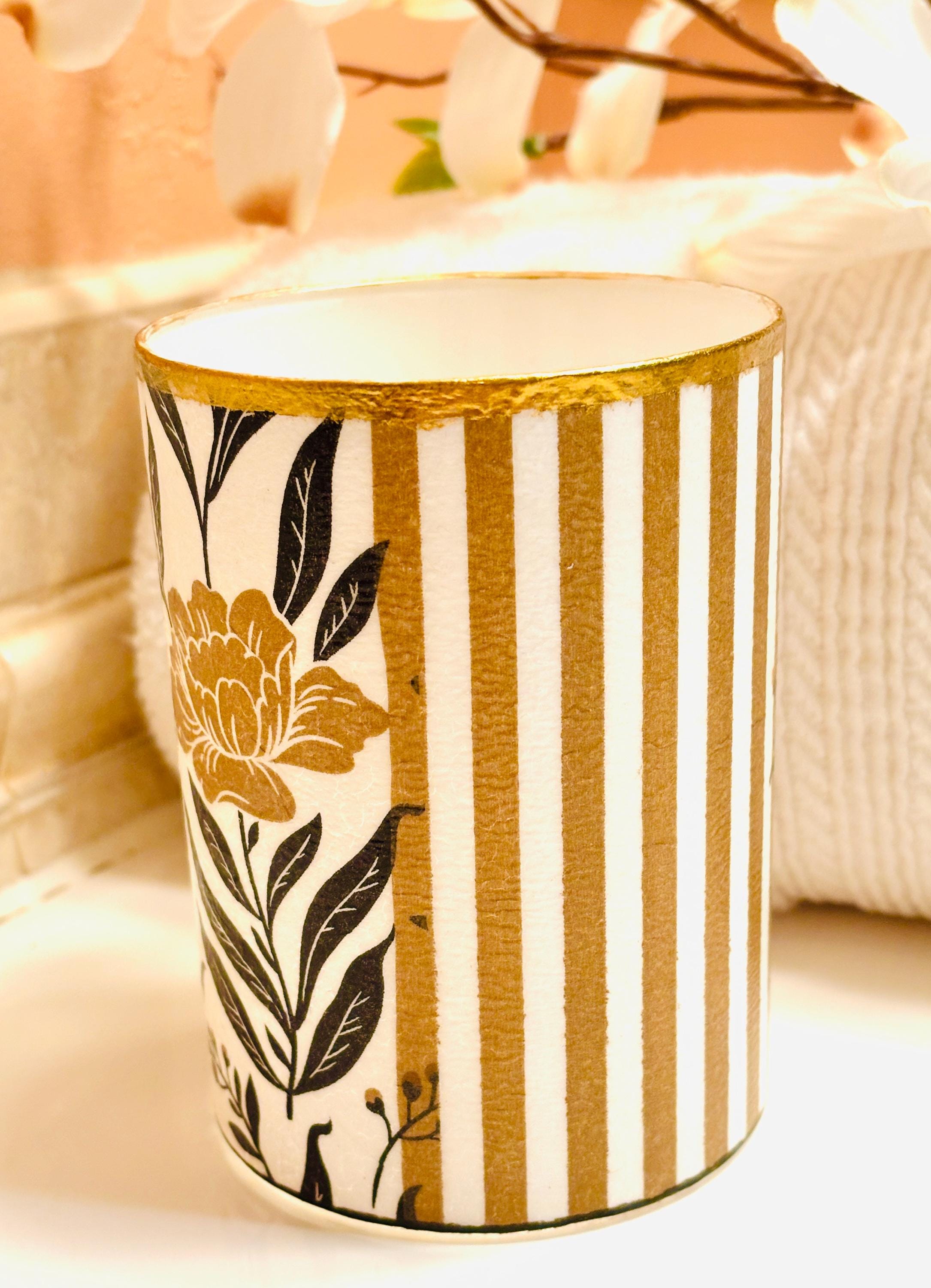 Vanity Makeup Brush/Pencil Holder, Bold Black and Gold, Floral and Stripe Design