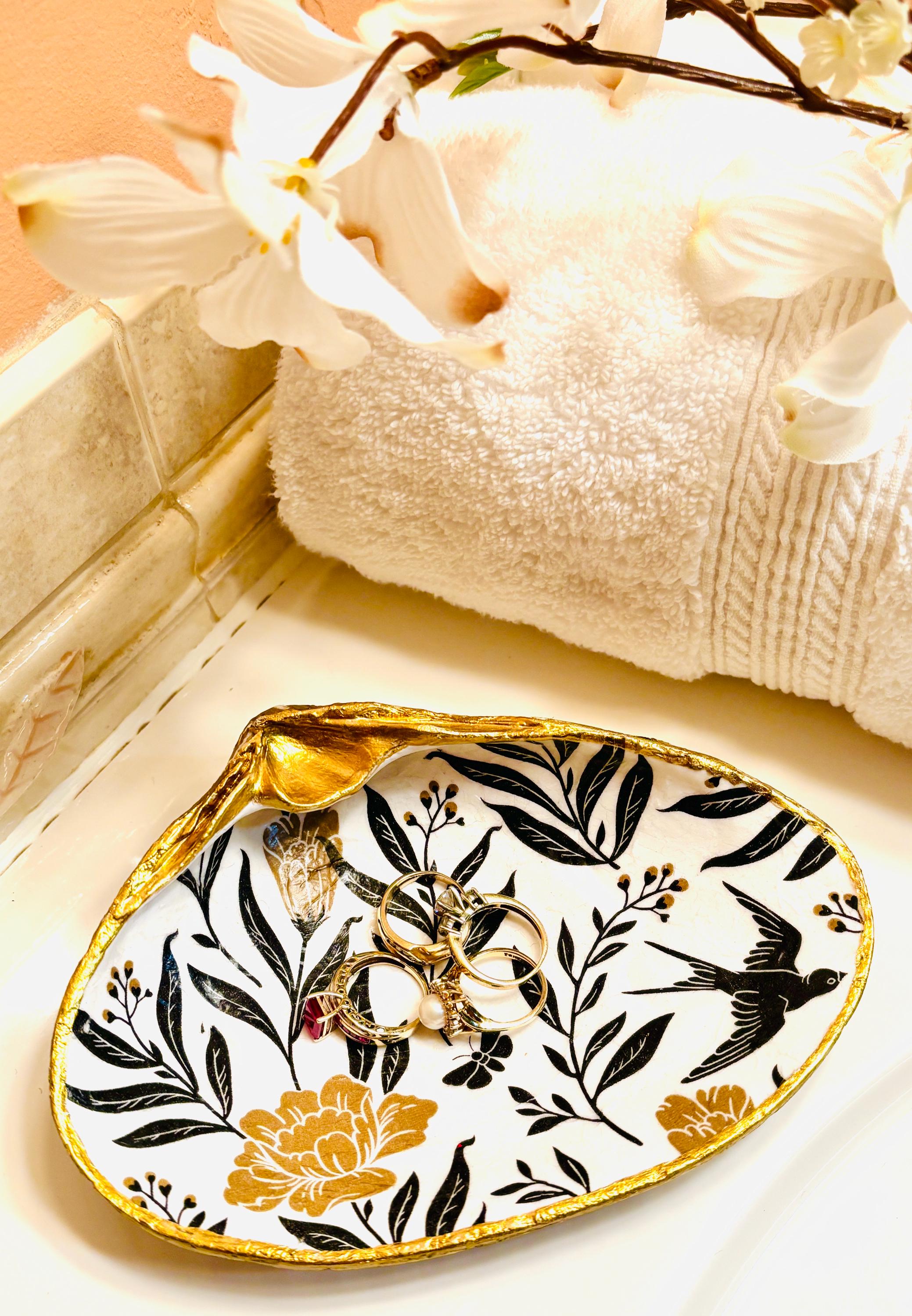 Vanity Ring, Soap or Trinket Dish, Bold Black and Gold, Floral and Stripe Design