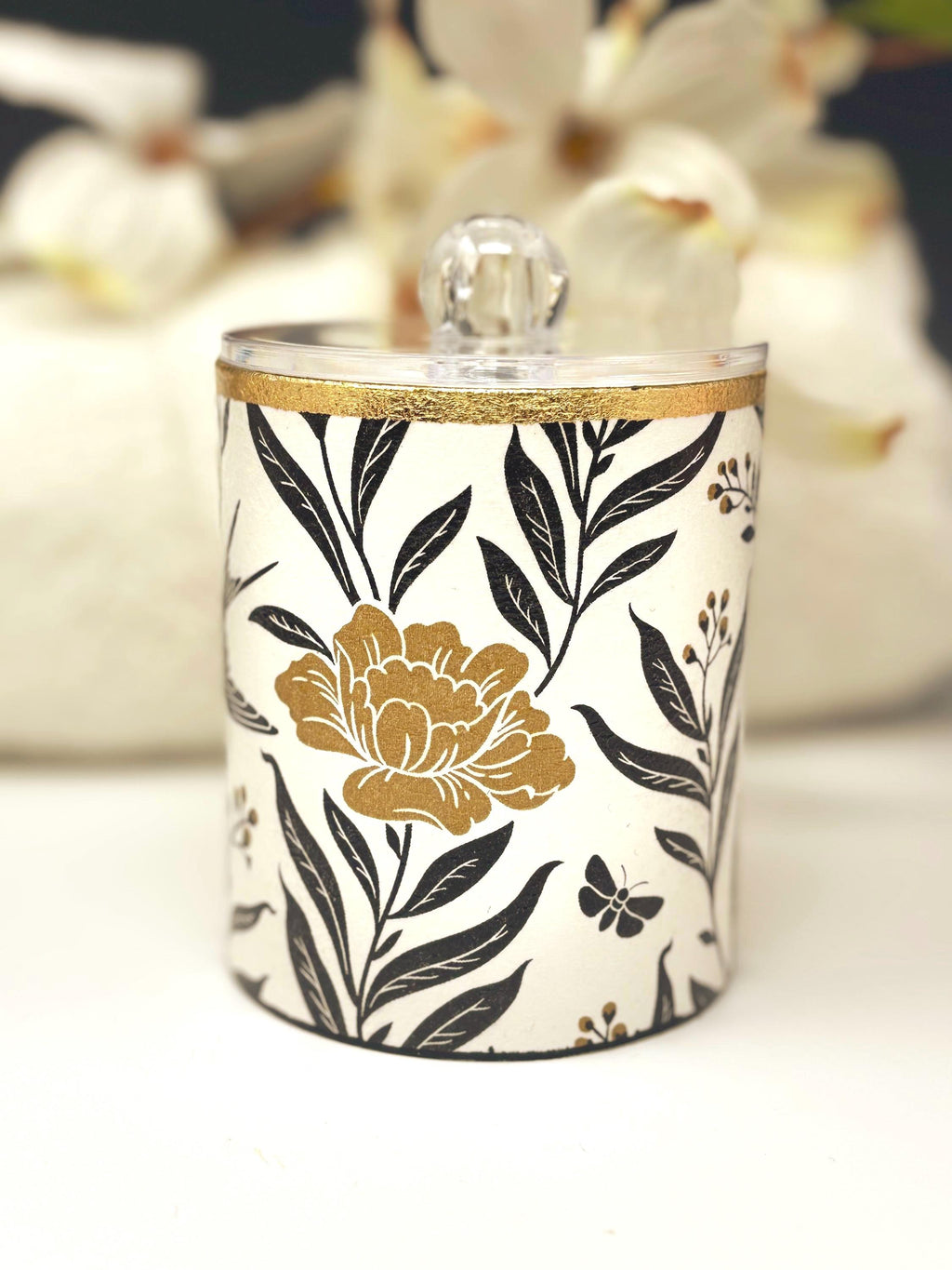 Vanity Jar with Lid, 12 oz., Bold Black and Gold, Floral and Stripe Design