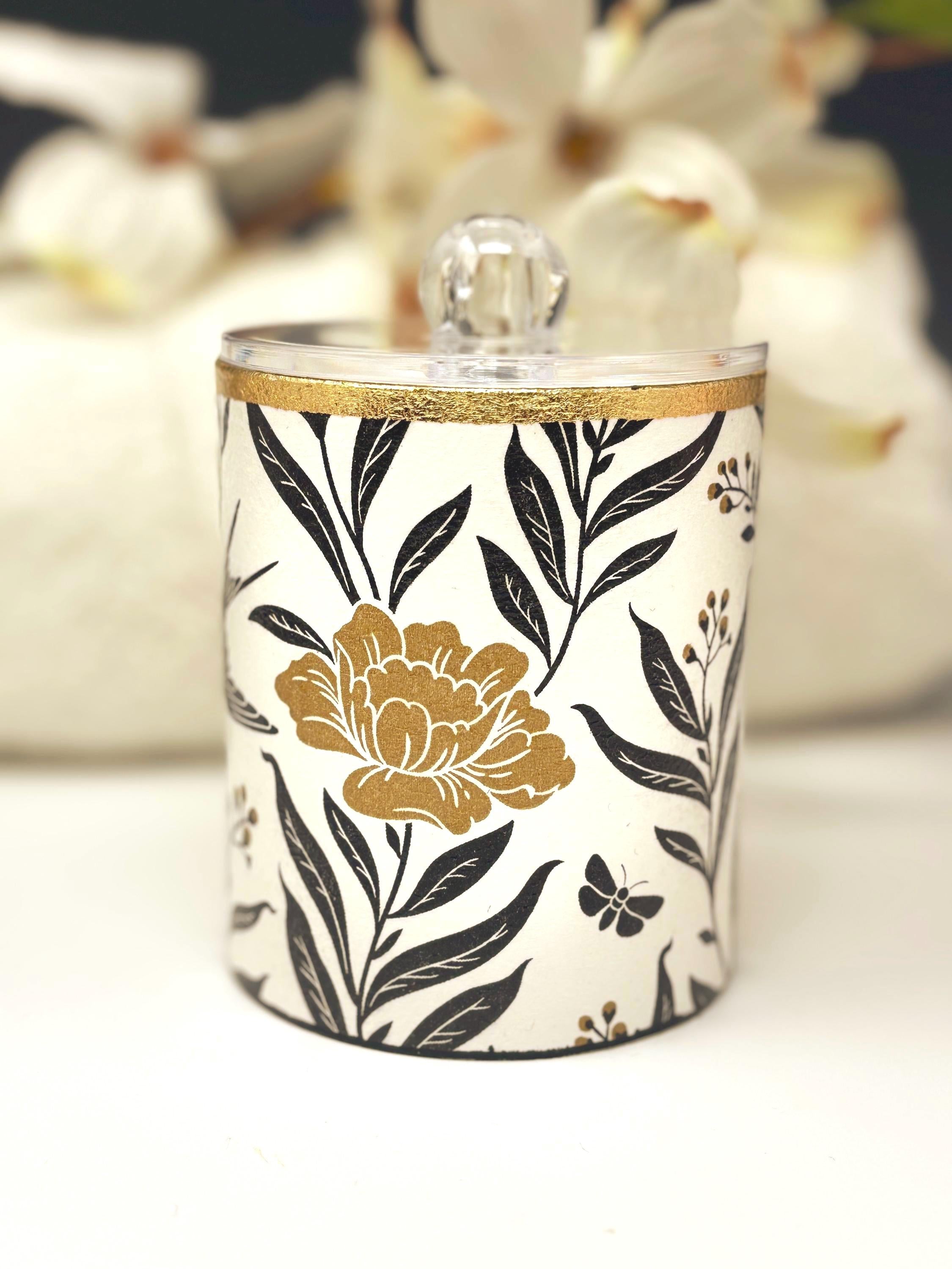 Vanity Jar with Lid, 12 oz., Bold Black and Gold, Floral and Stripe Design