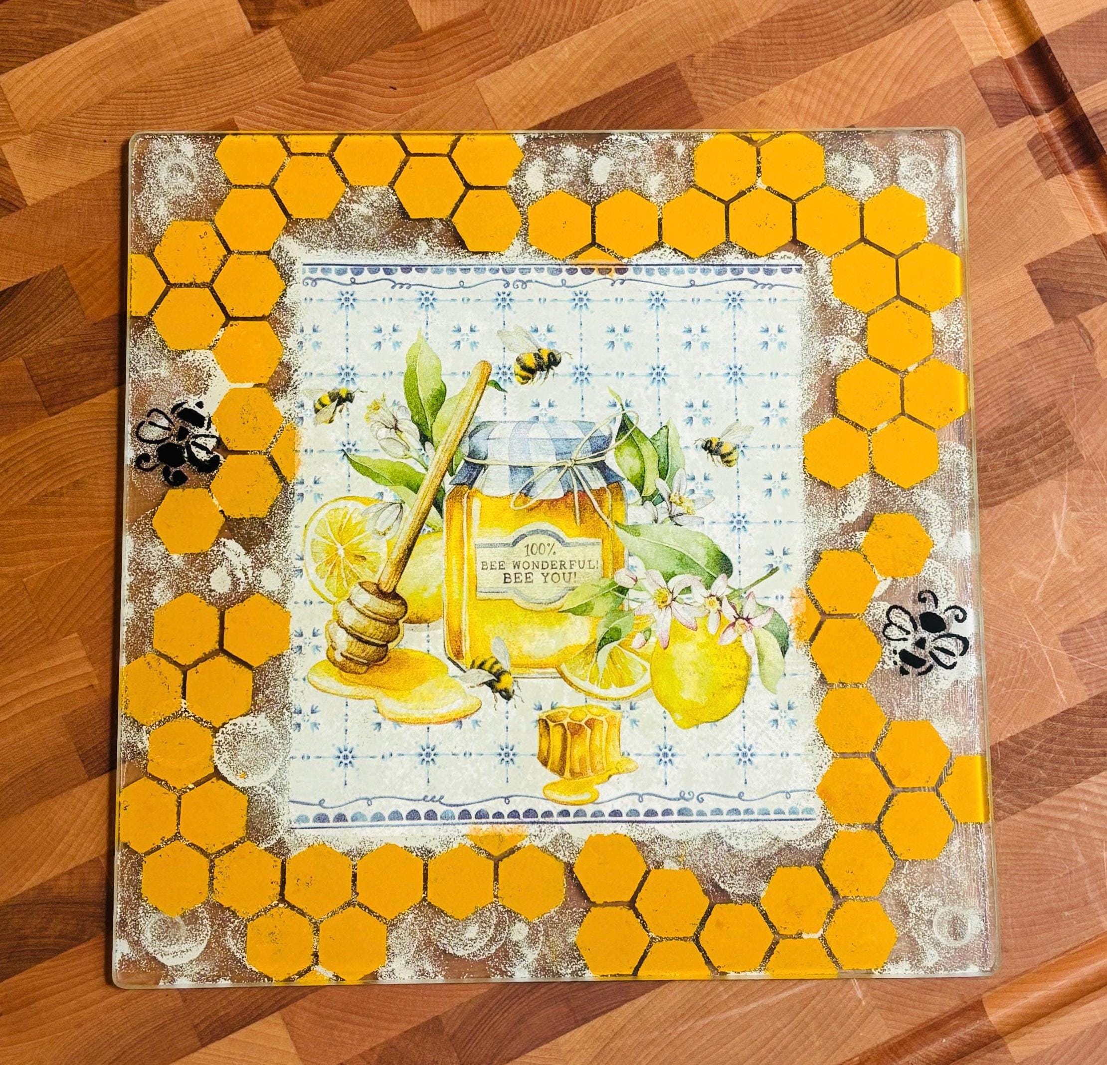 Charcuterie Board Square 10" Glass, Honey Bee