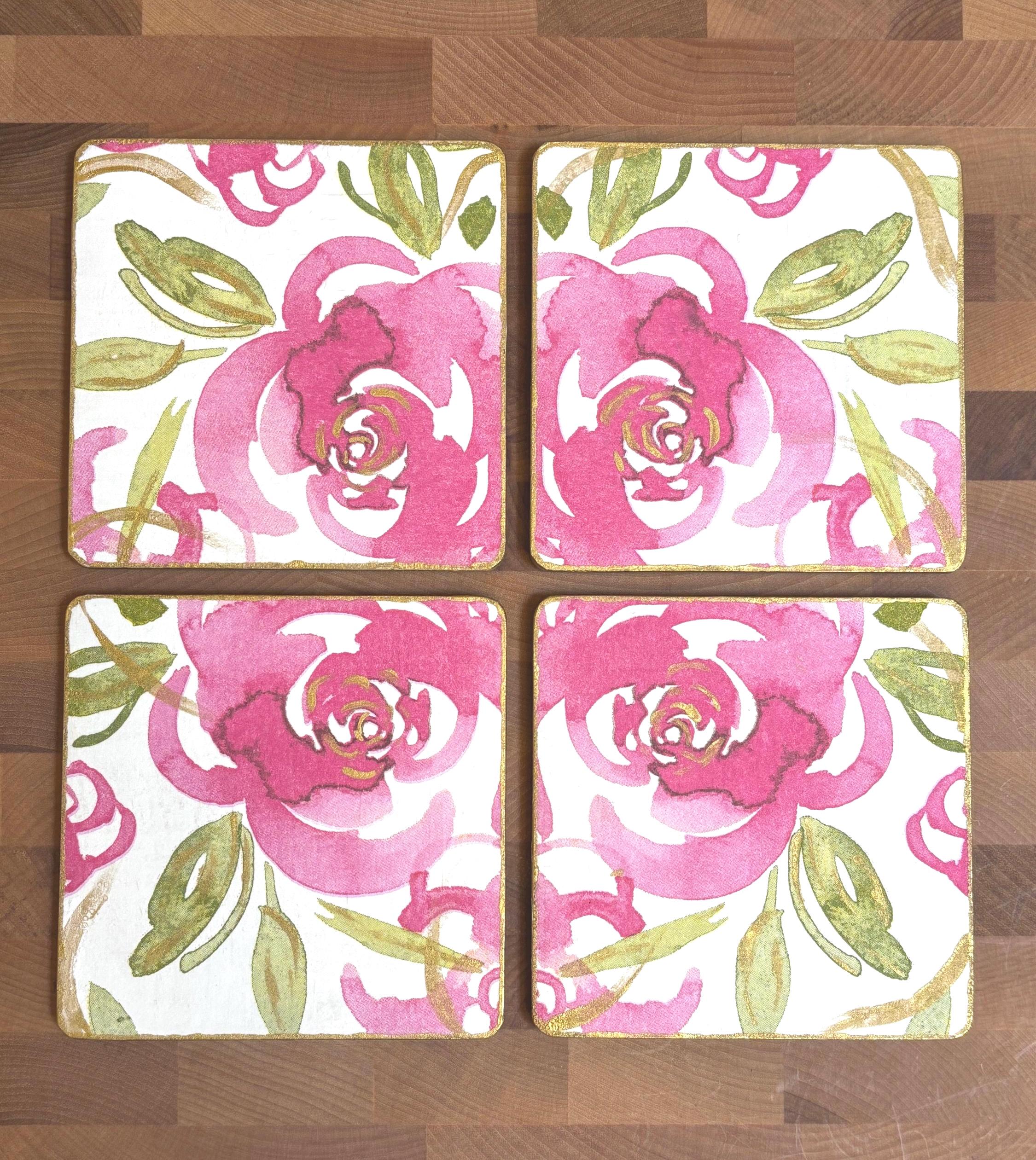 Wood Coasters, Decoupage Art, Pink Rose