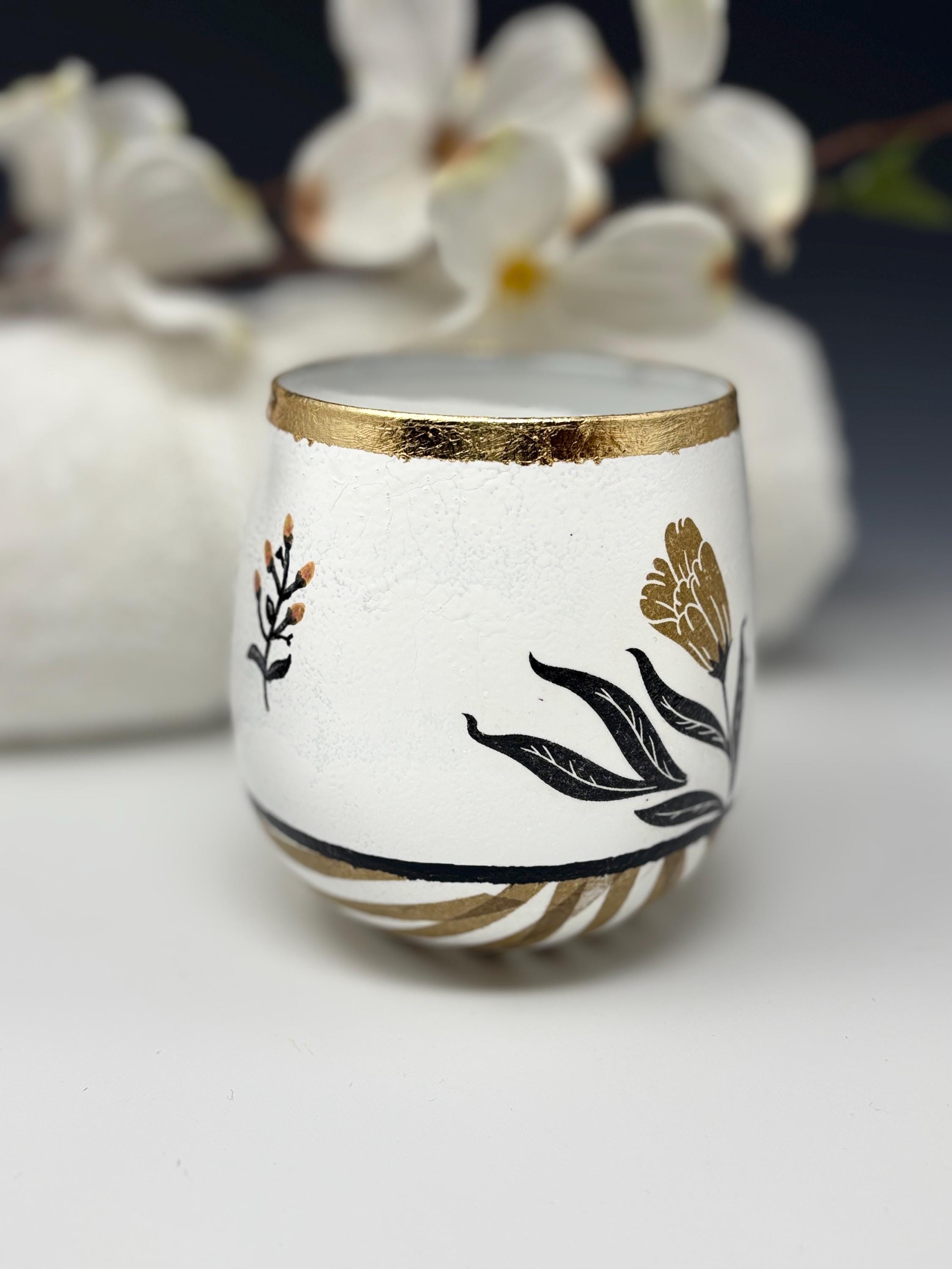 Votive Candle Holder, Bold Black and Gold, Floral and Stripe Design