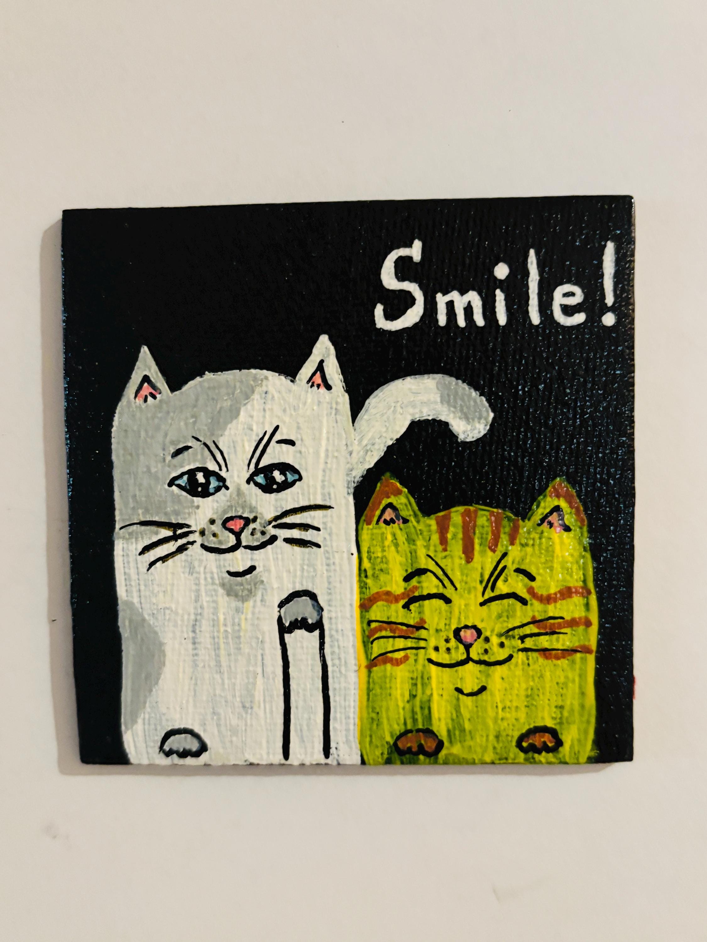 Hand Painted Mini Canvas Magnets, Smiling Cats