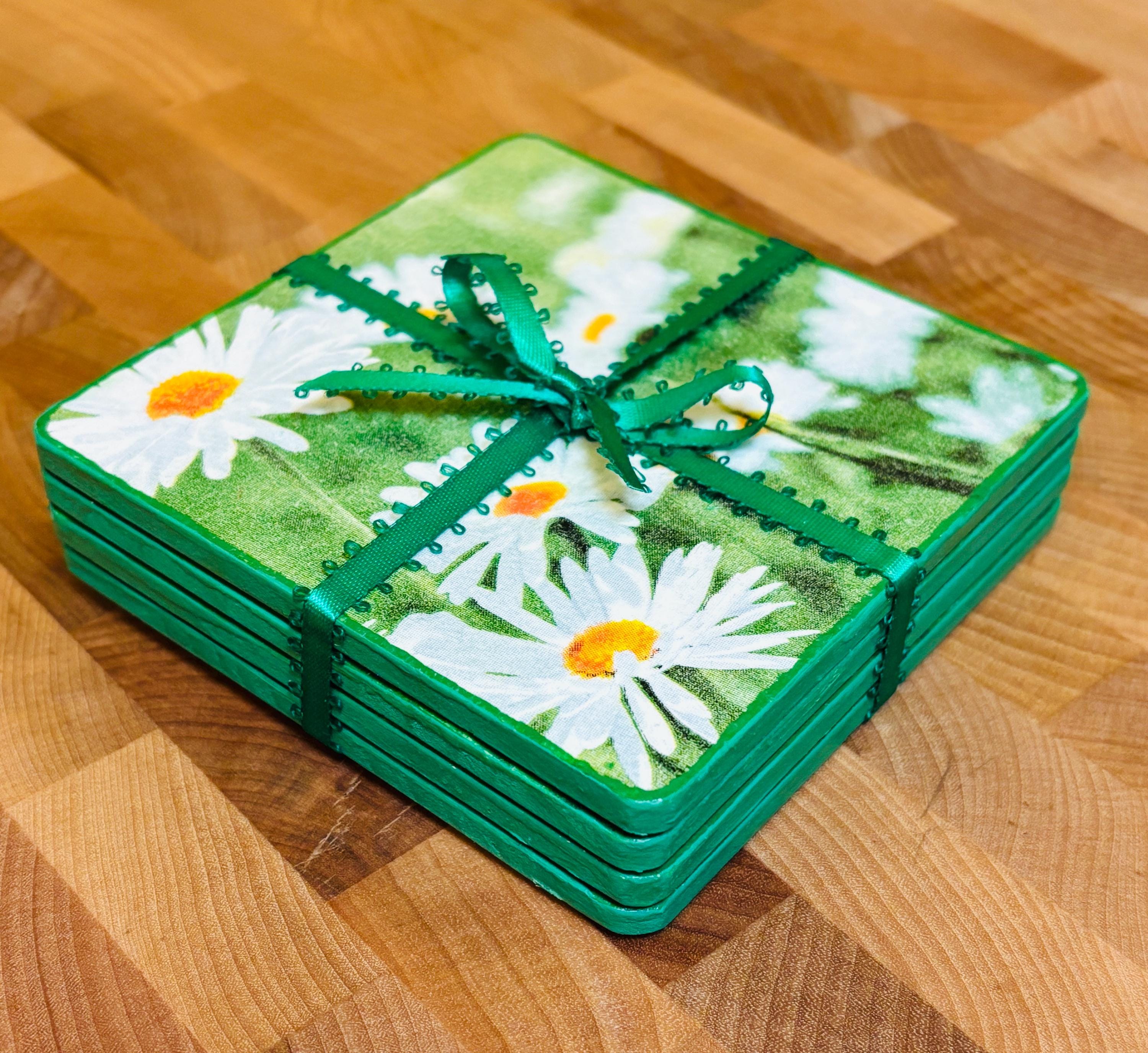 Wood Coasters, Decoupage Art, White Daisies