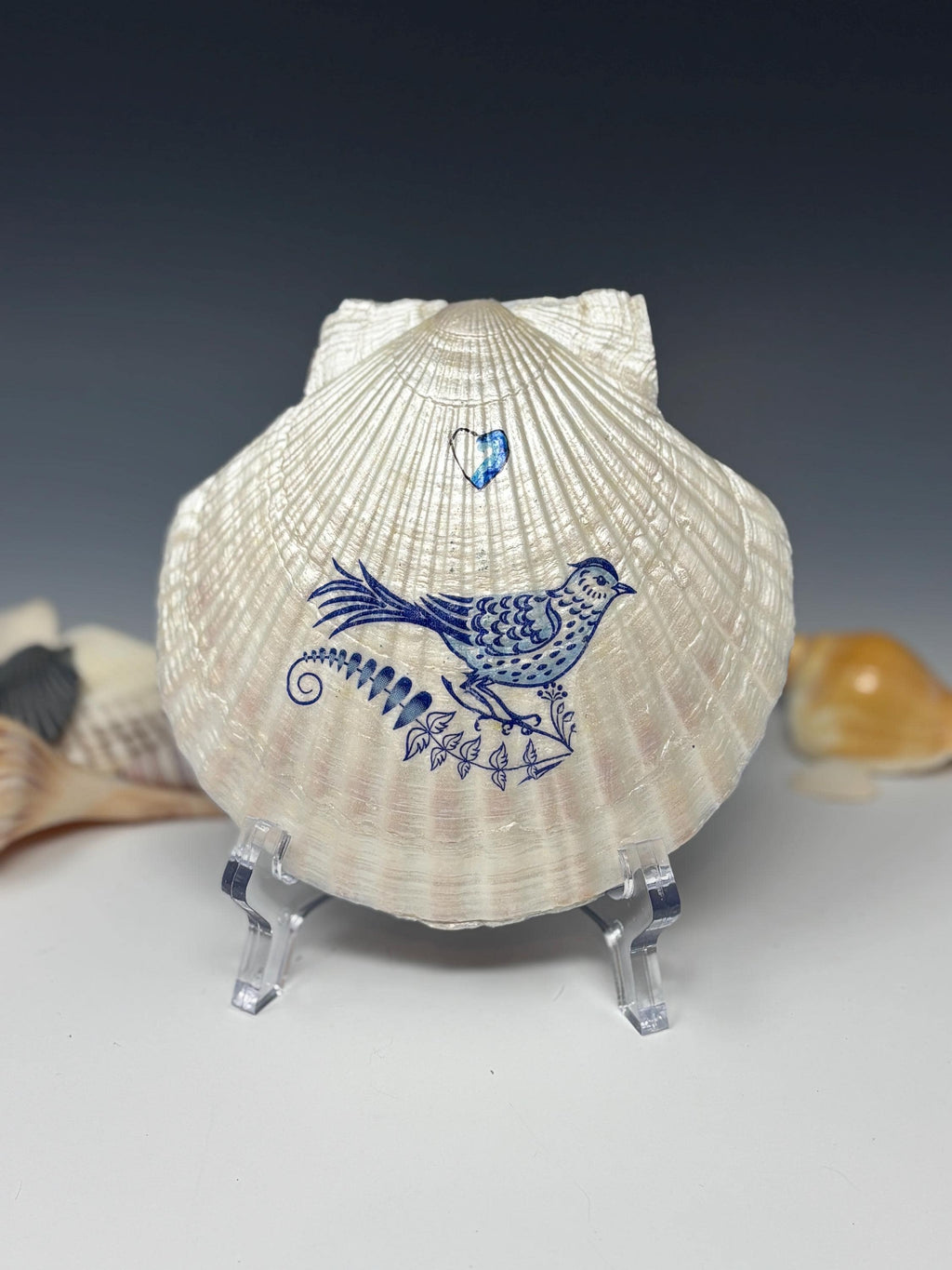 Sea Shell Trinket/Jewelry Dish Decoupage, Blue Bird