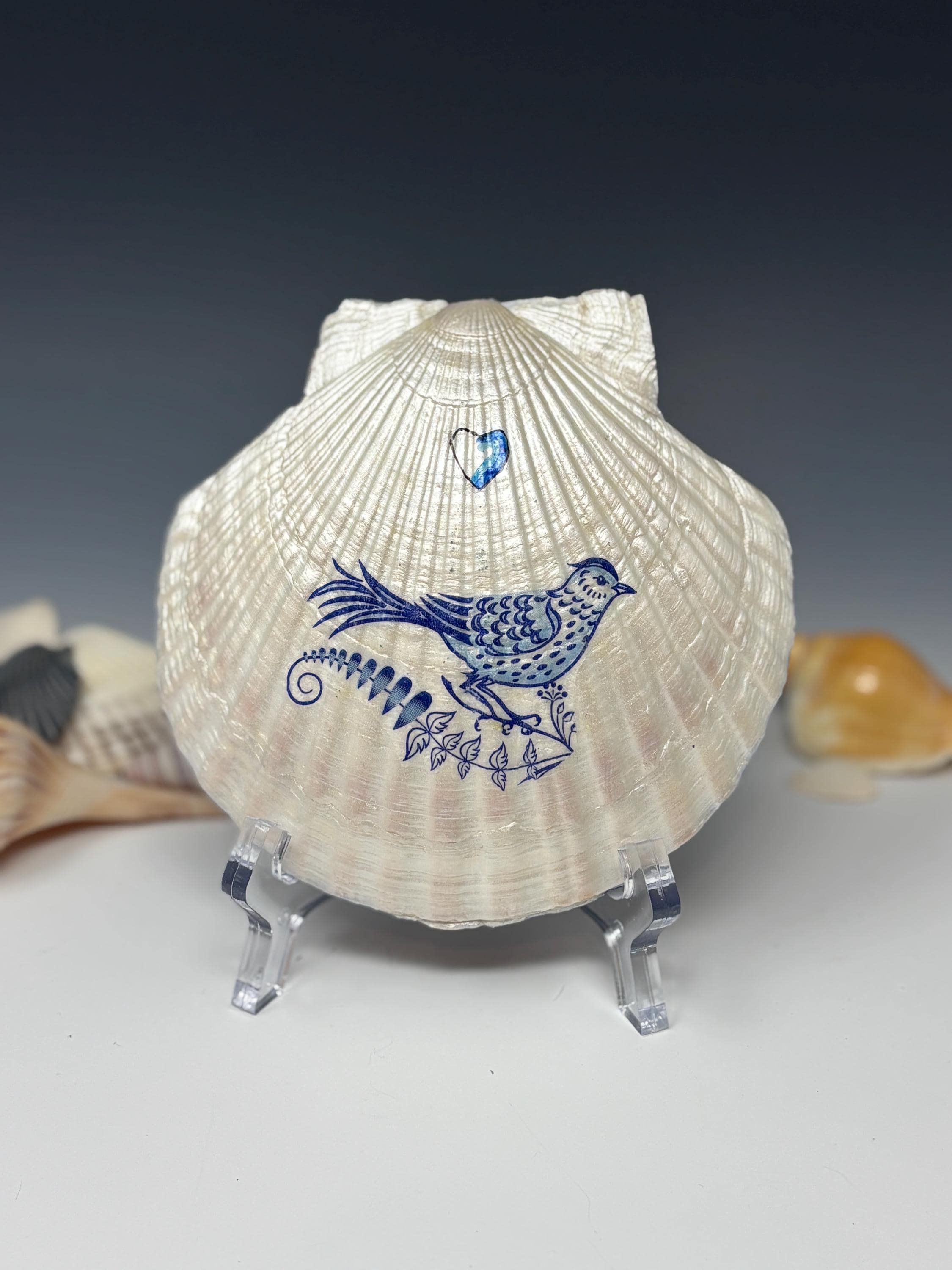 Sea Shell Trinket/Jewelry Dish Decoupage, Blue Bird