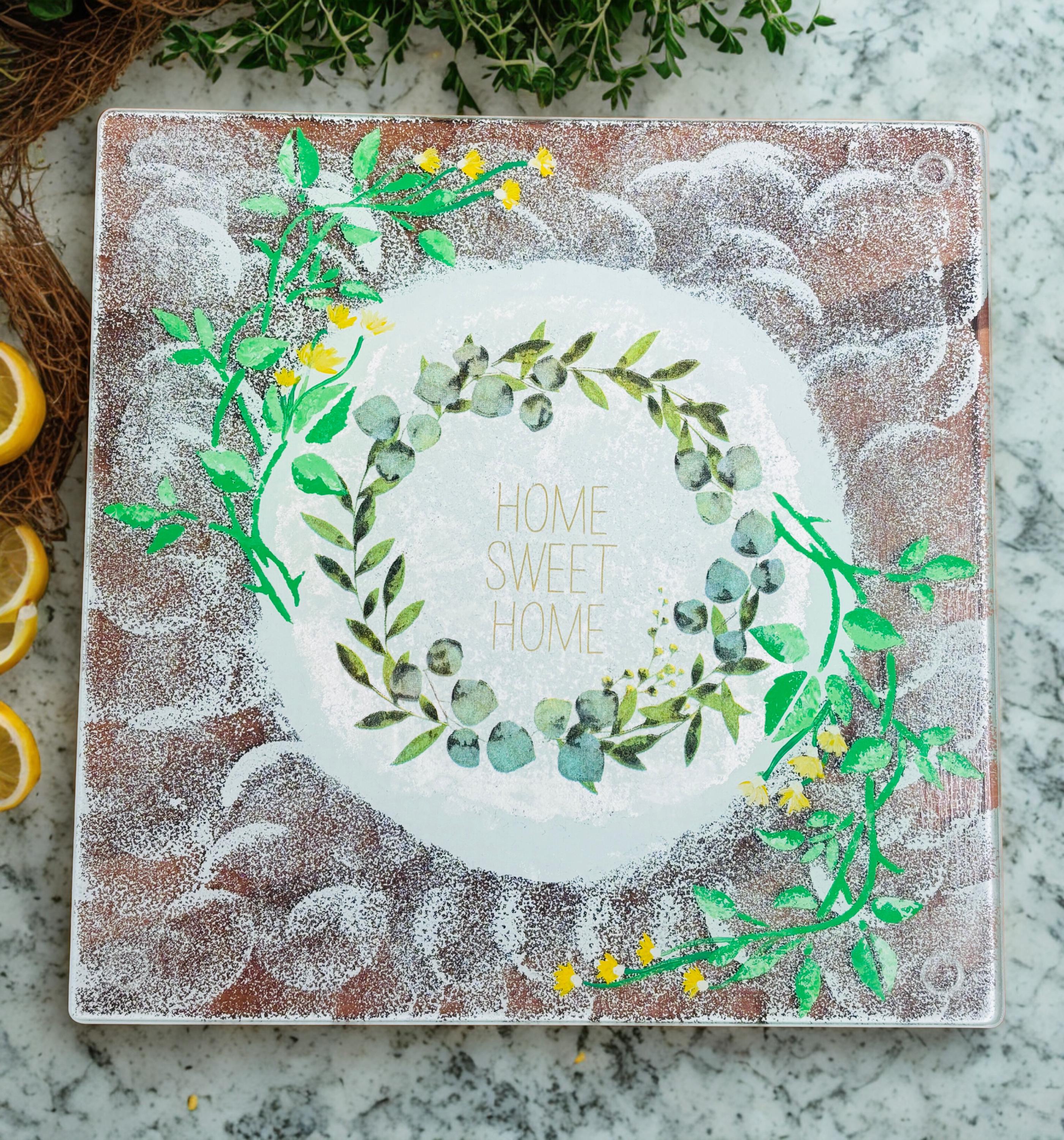 Square 10" Glass Cutting/Cheese Board, Home Sweet Home Design