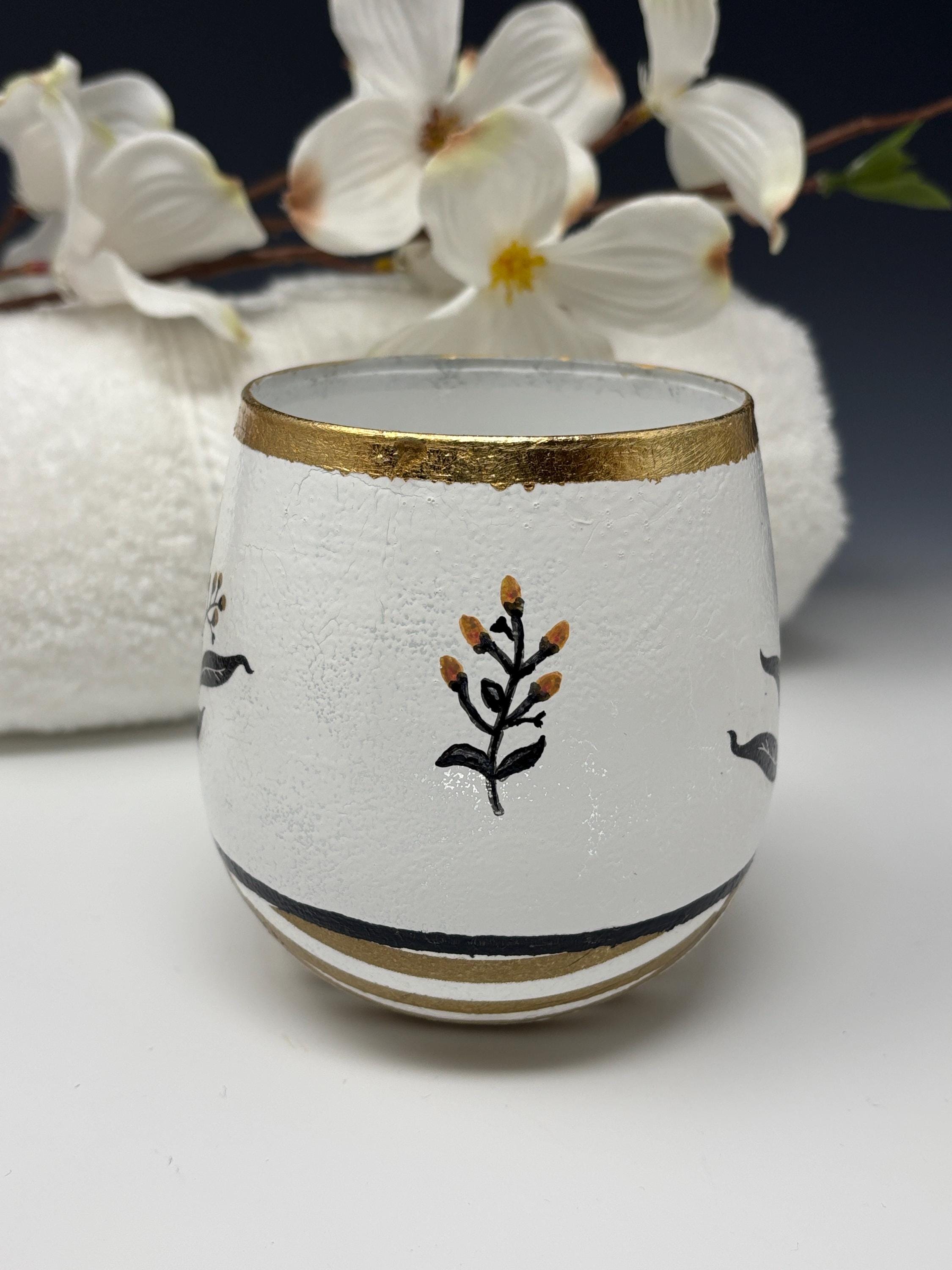 Votive Candle Holder, Bold Black and Gold, Floral and Stripe Design