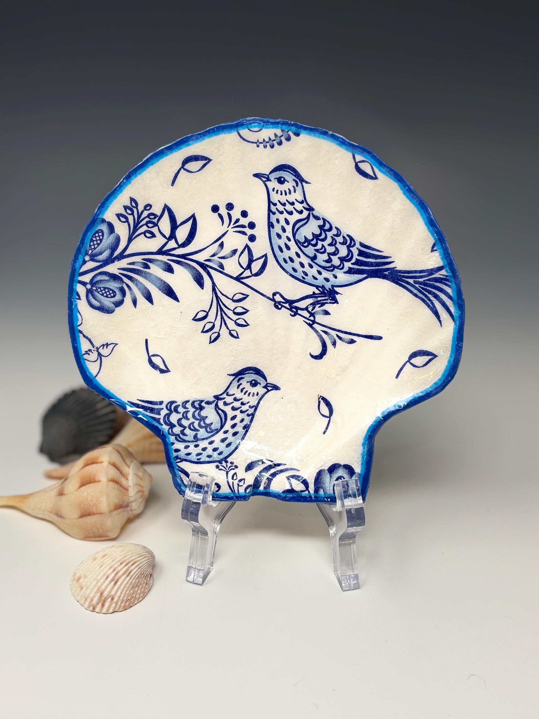 Sea Shell Trinket/Jewelry Dish Decoupage, Blue Bird