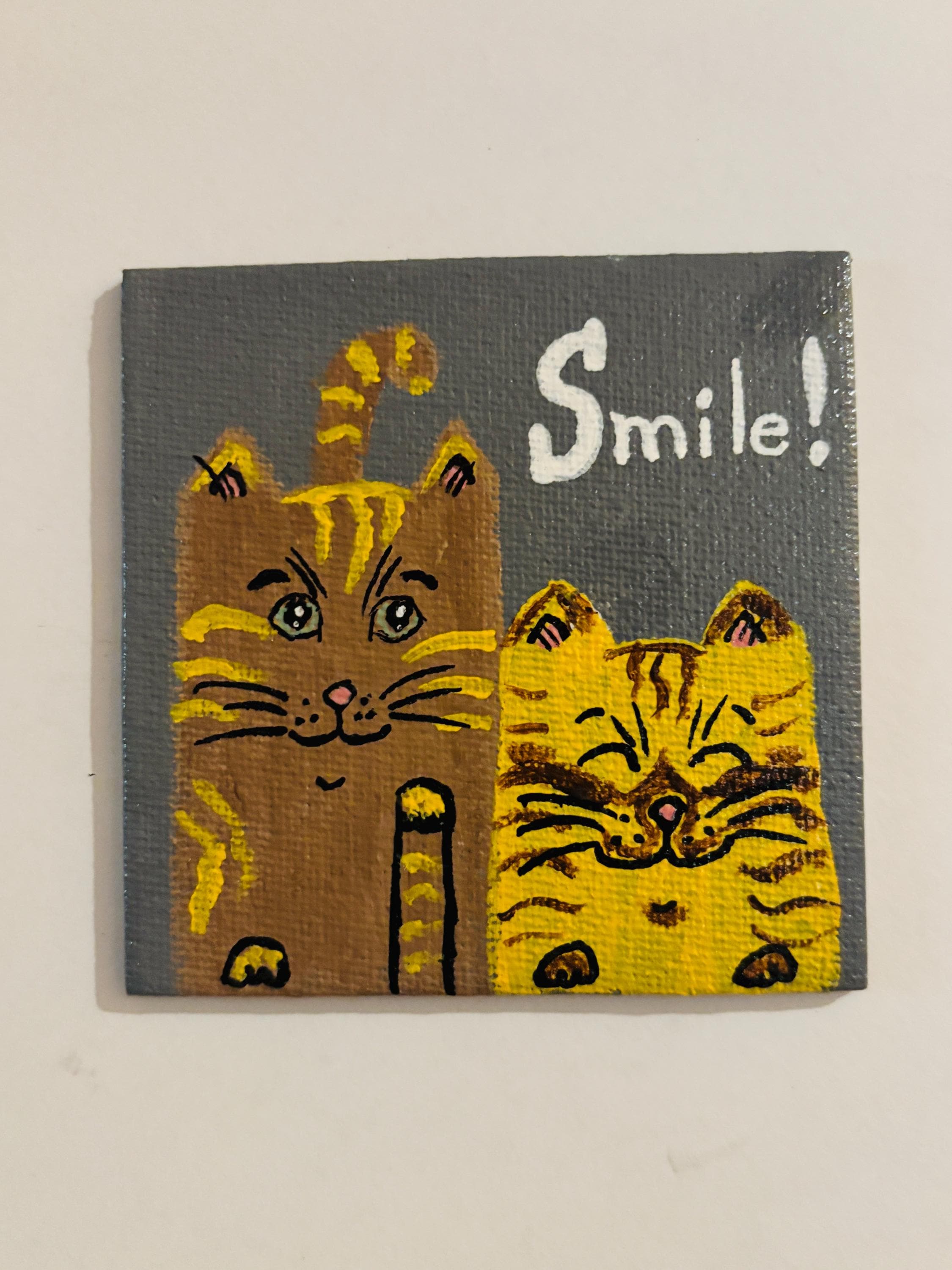 Hand Painted Mini Canvas Magnets, Smiling Cats
