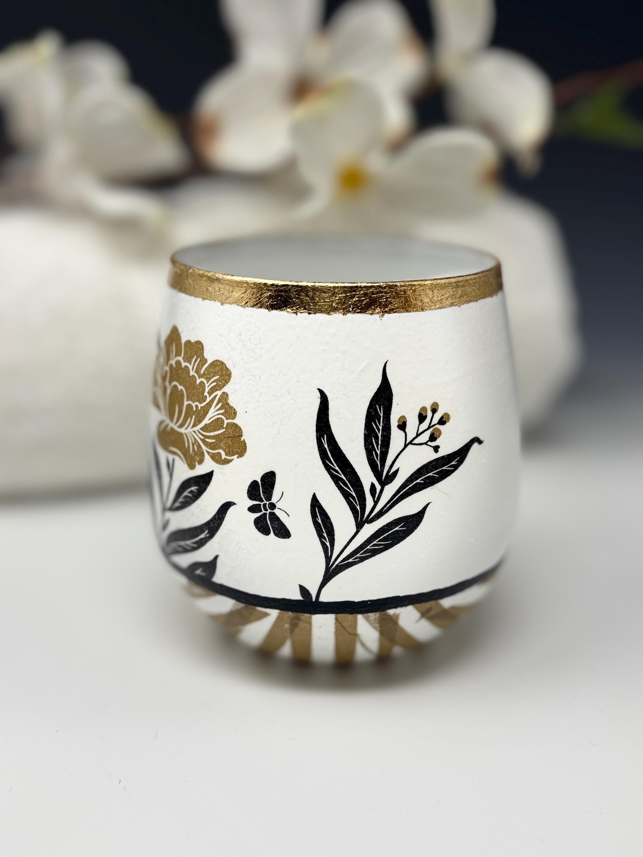 Votive Candle Holder, Bold Black and Gold, Floral and Stripe Design