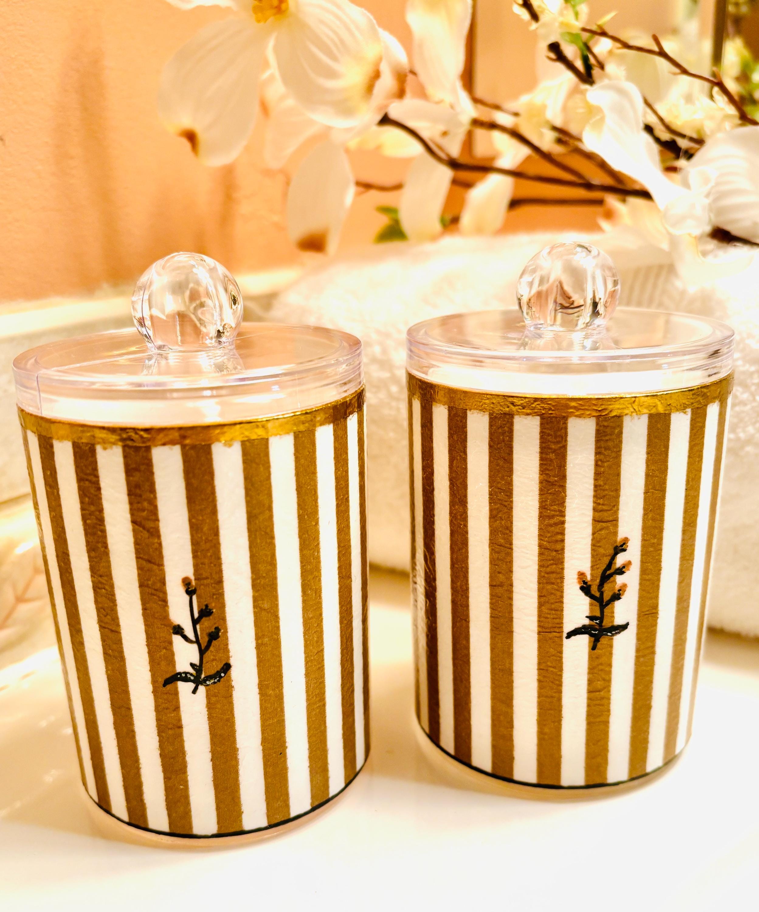 Vanity Jars with Lids, 10 oz. Set of 2, Bold Black and Gold, Floral and Stripe Design