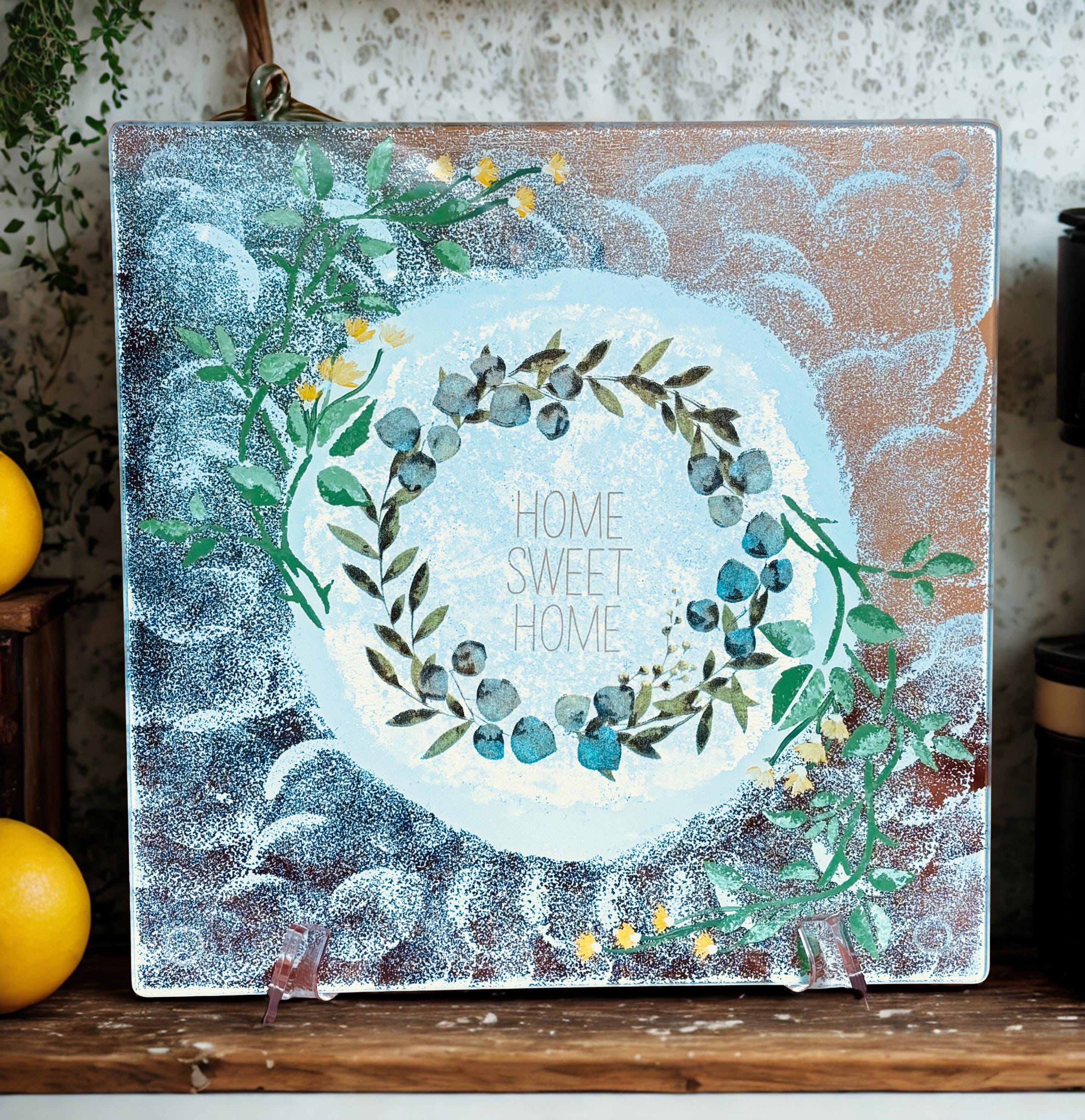 Square 10" Glass Cutting/Cheese Board, Home Sweet Home Design