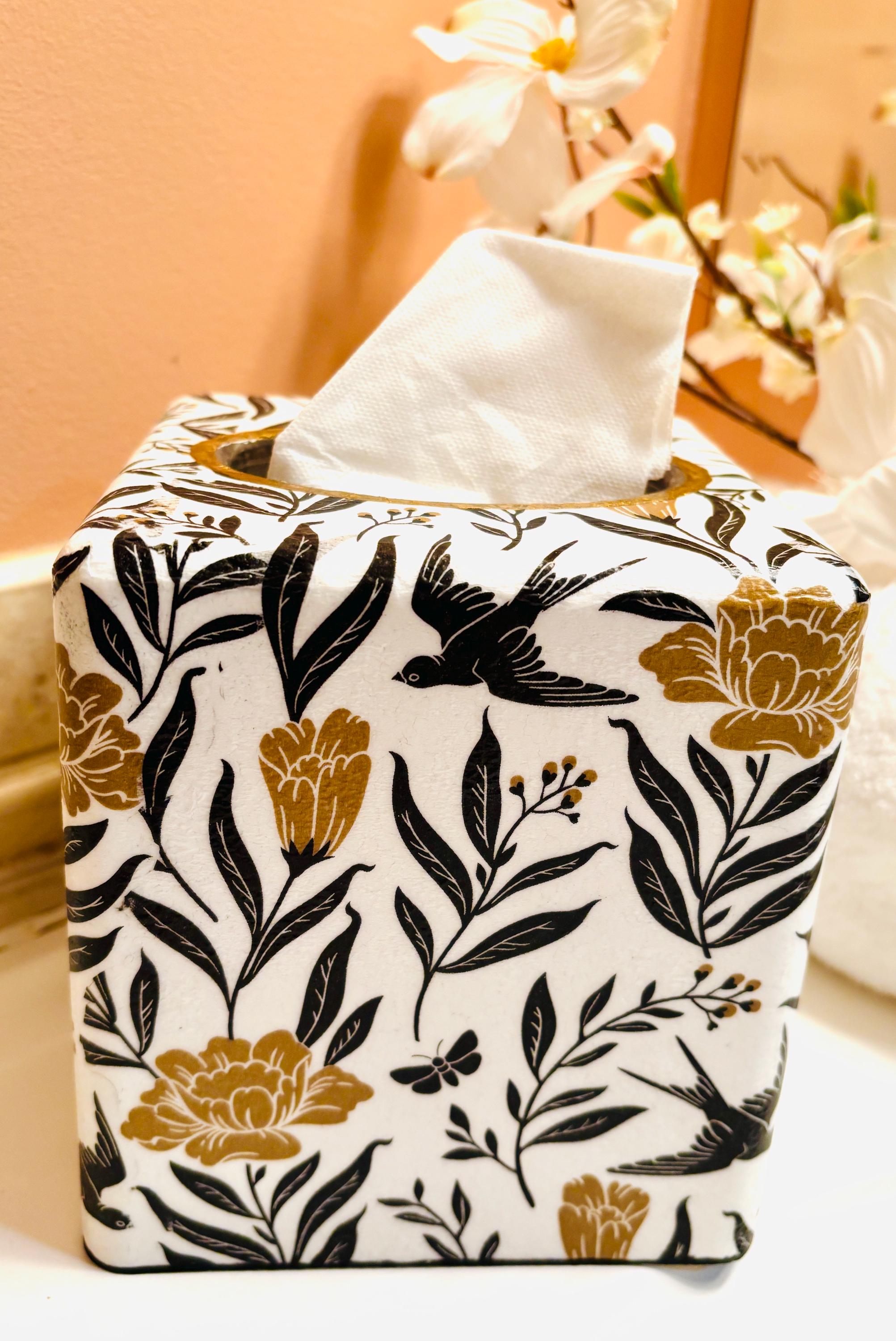 Vanity Tissue Box Holder, Bold Black and Gold, Floral and Stripe Design