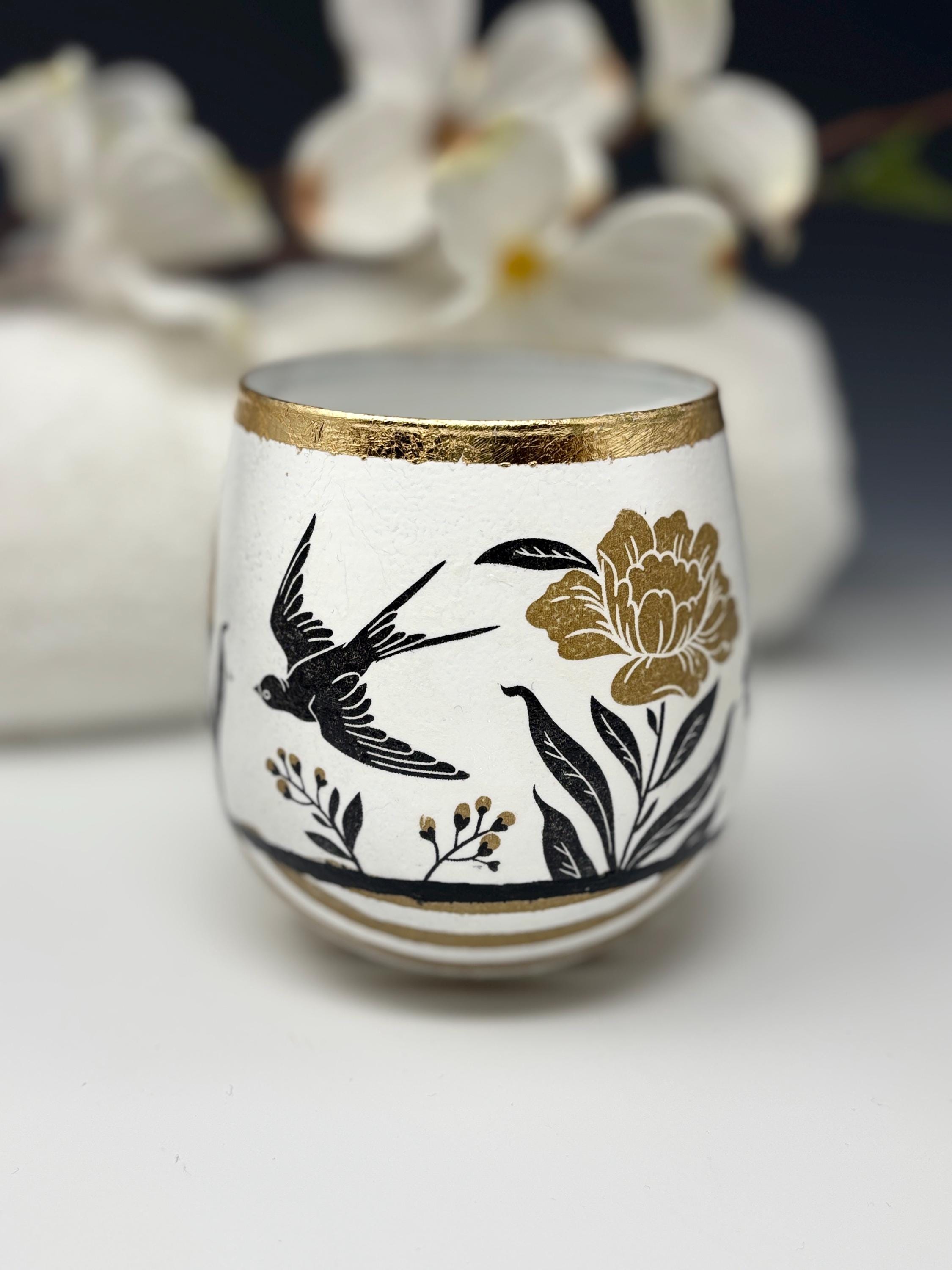 Votive Candle Holder, Bold Black and Gold, Floral and Stripe Design