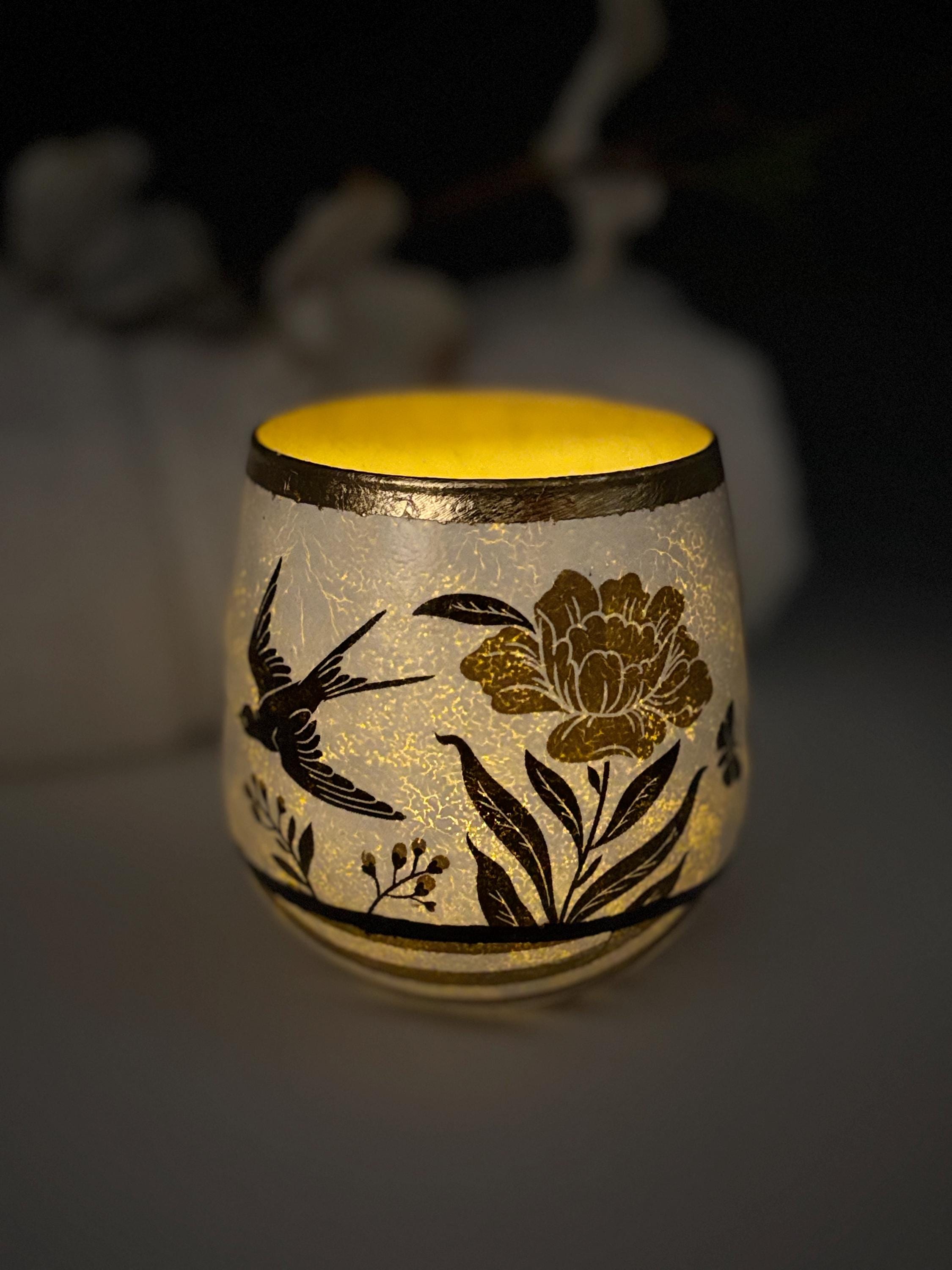 Votive Candle Holder, Bold Black and Gold, Floral and Stripe Design