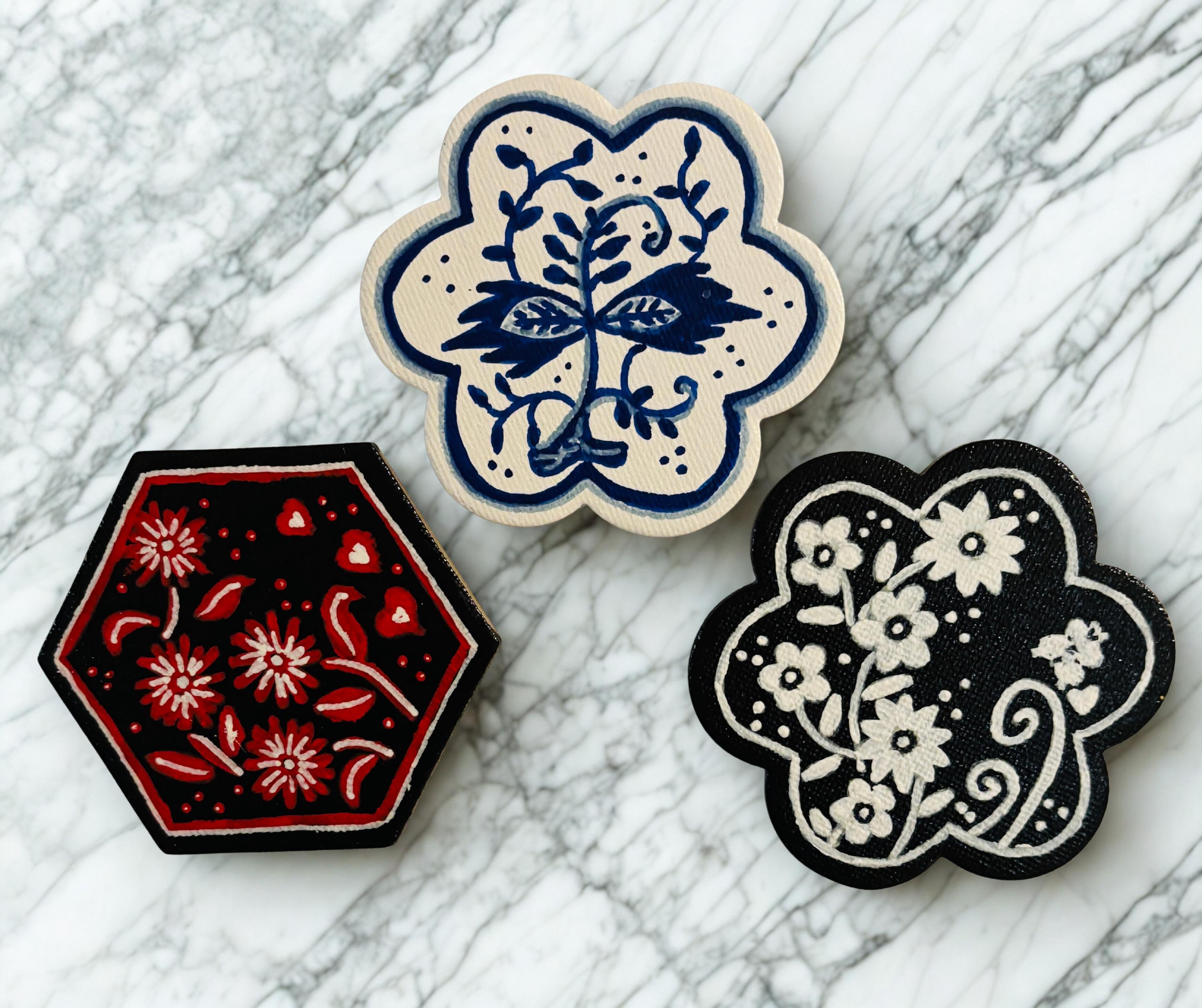 Hand Painted Mini Canvas Magnets, Textile Patterns