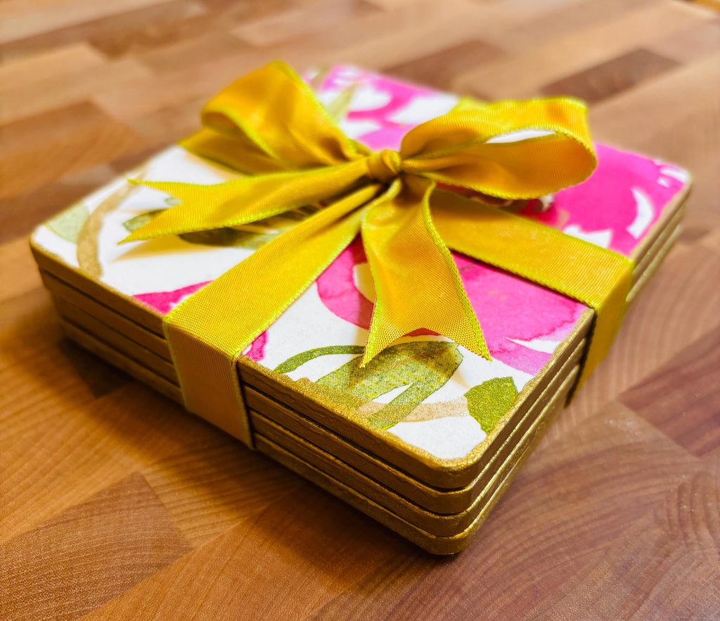 Wood Coasters, Decoupage Art, Pink Rose