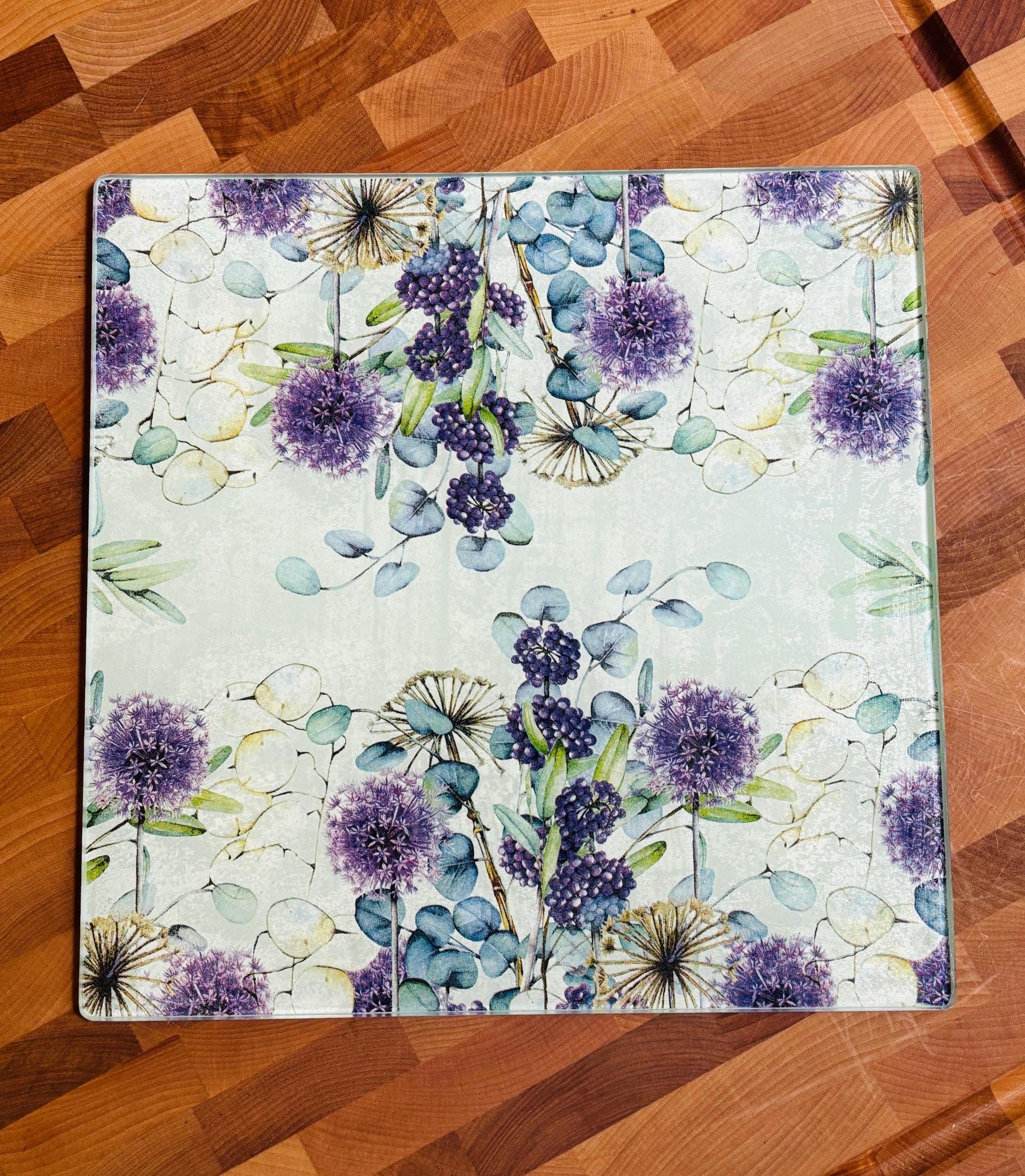 Square 10" Glass Cutting/Cheese Board, Purple Flowers and Raspberries Design
