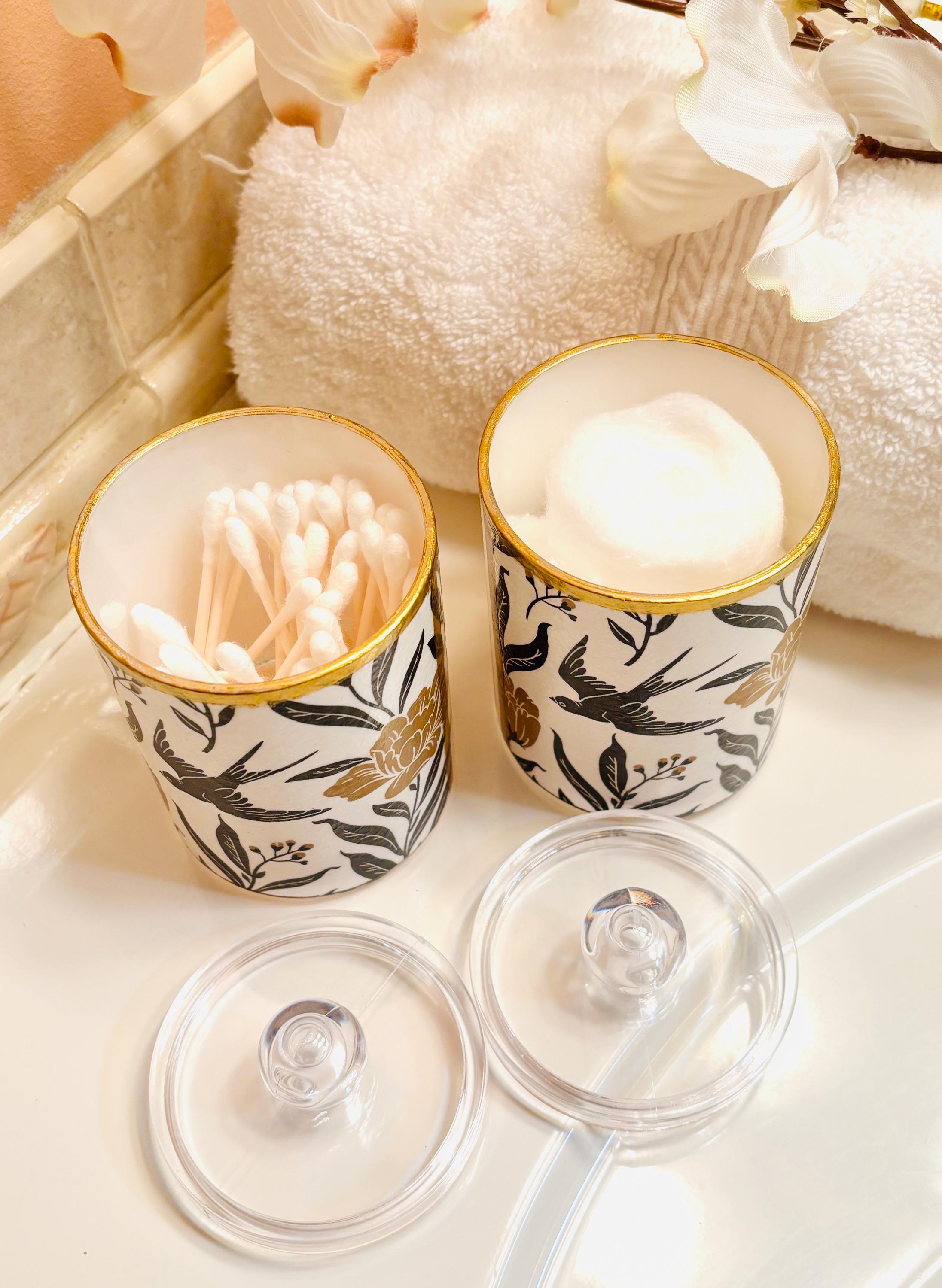 Vanity Jar with Lid, 12 oz., Bold Black and Gold, Floral and Stripe Design