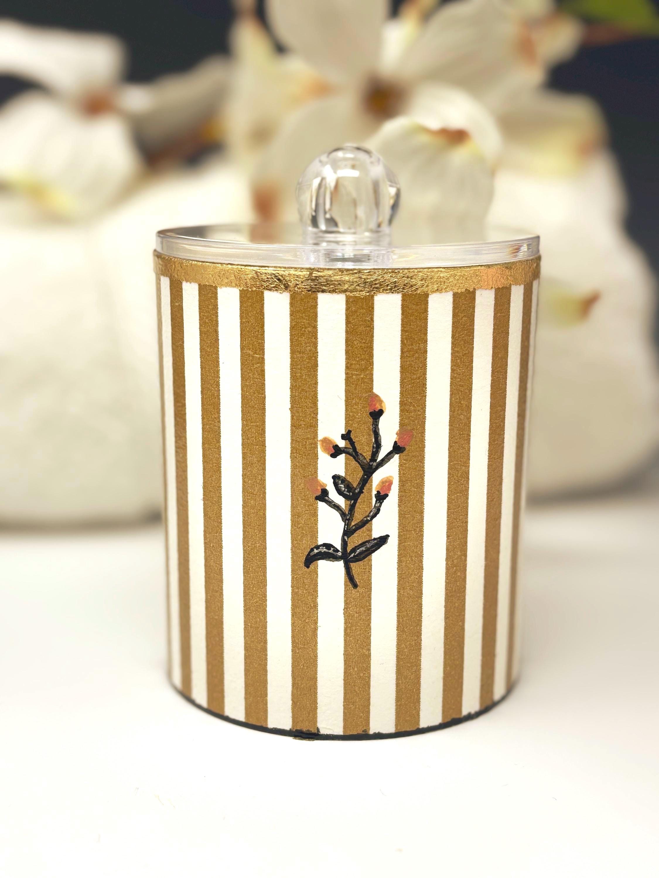 Vanity Jar with Lid, 12 oz., Bold Black and Gold, Floral and Stripe Design