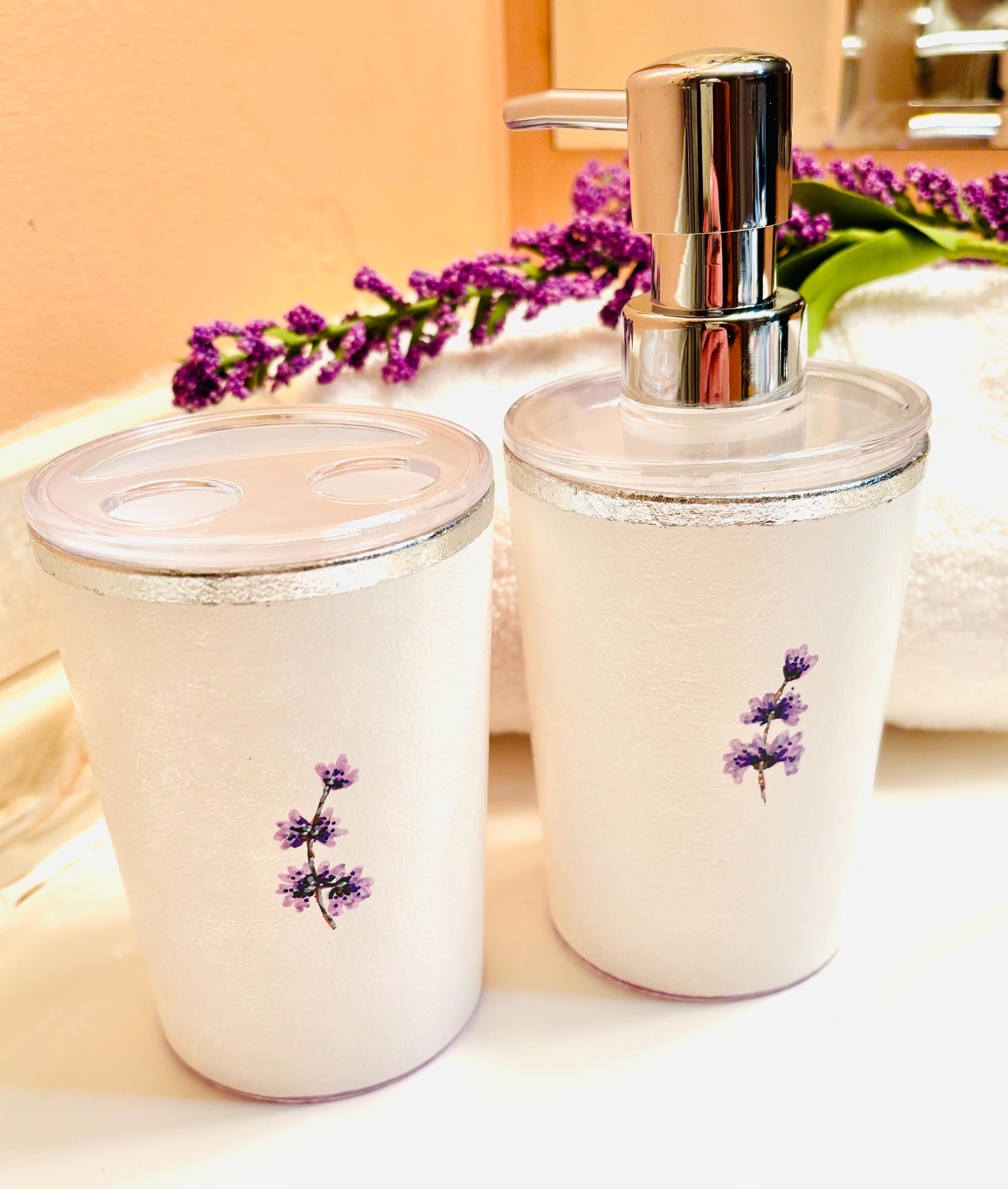 Vanity Soap Dispenser & Toothbrush Holders, Lavender Design