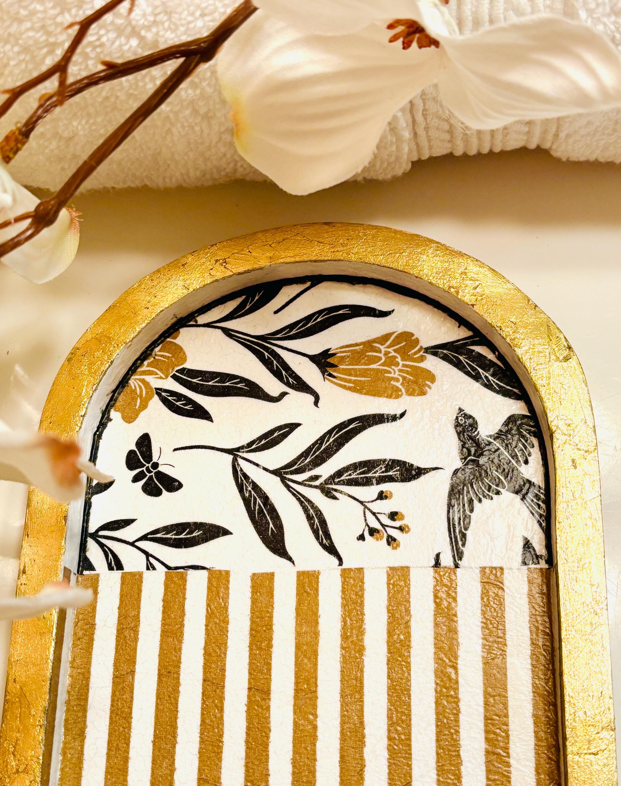 Vanity Tray, Bold Black and Gold, Floral and Stripe Design