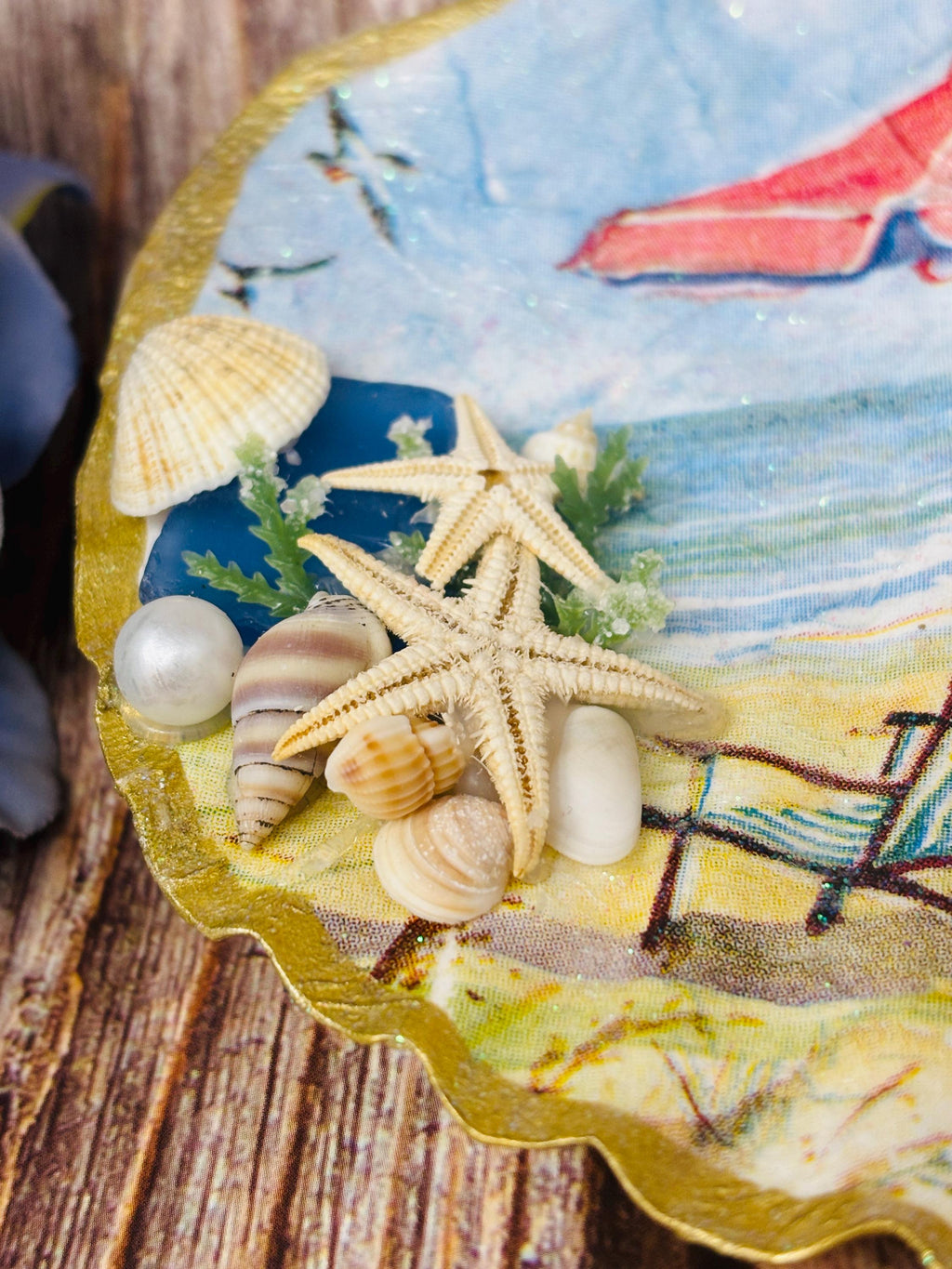 Sea Shell Trinket/Jewelry Dish Decoupage Beach Scene