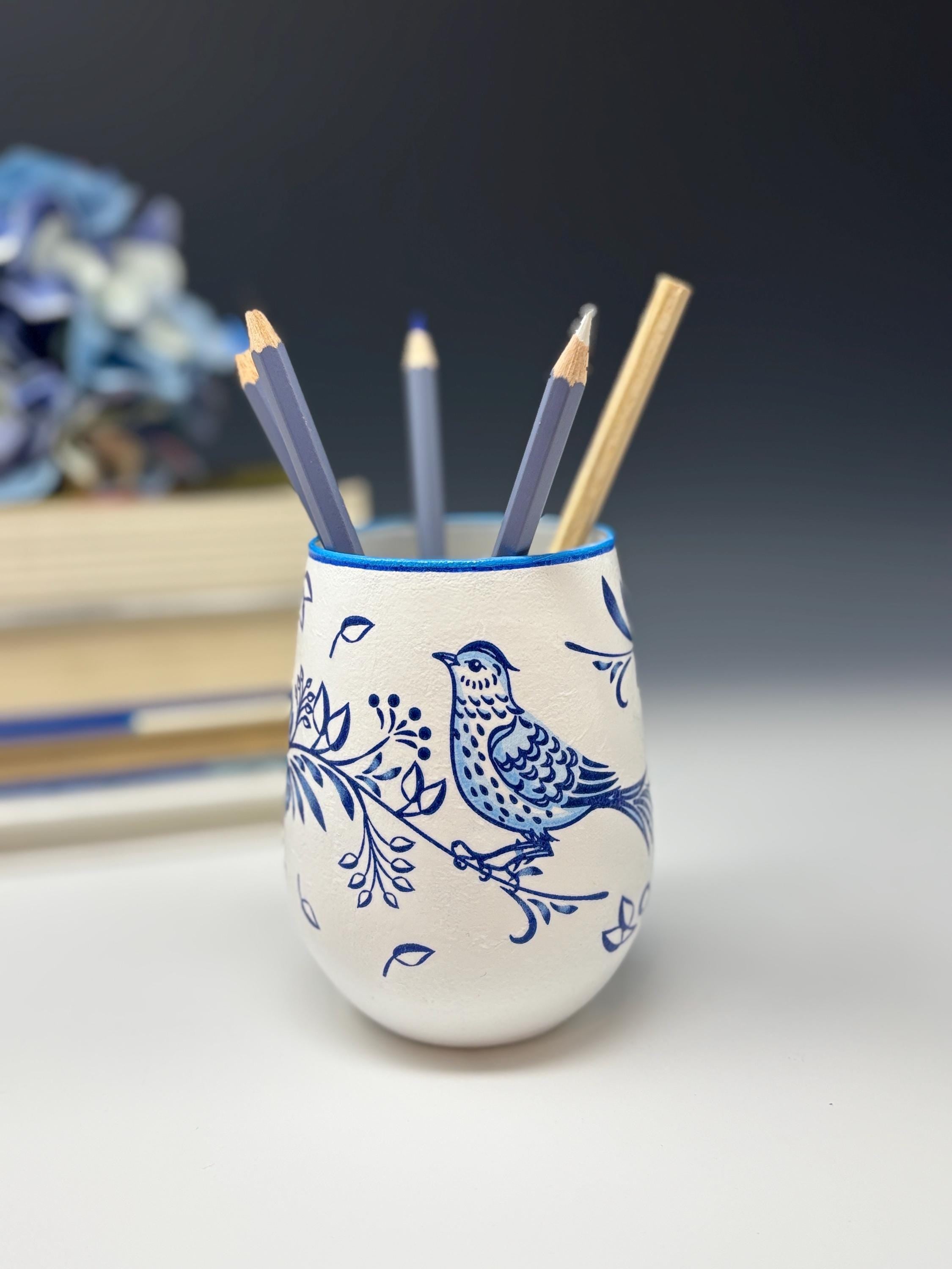 Makeup Brush Holder or Vase, Blue Bird
