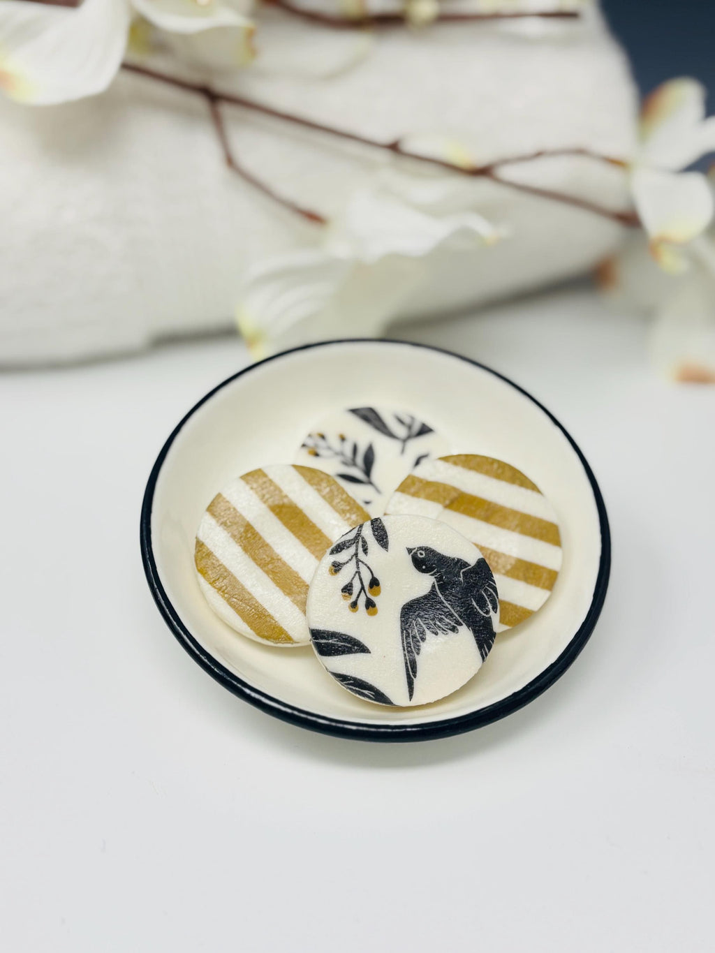 Decorative Mini Soaps, Set of 4, Bold Black and Gold, Floral and Stripe Design