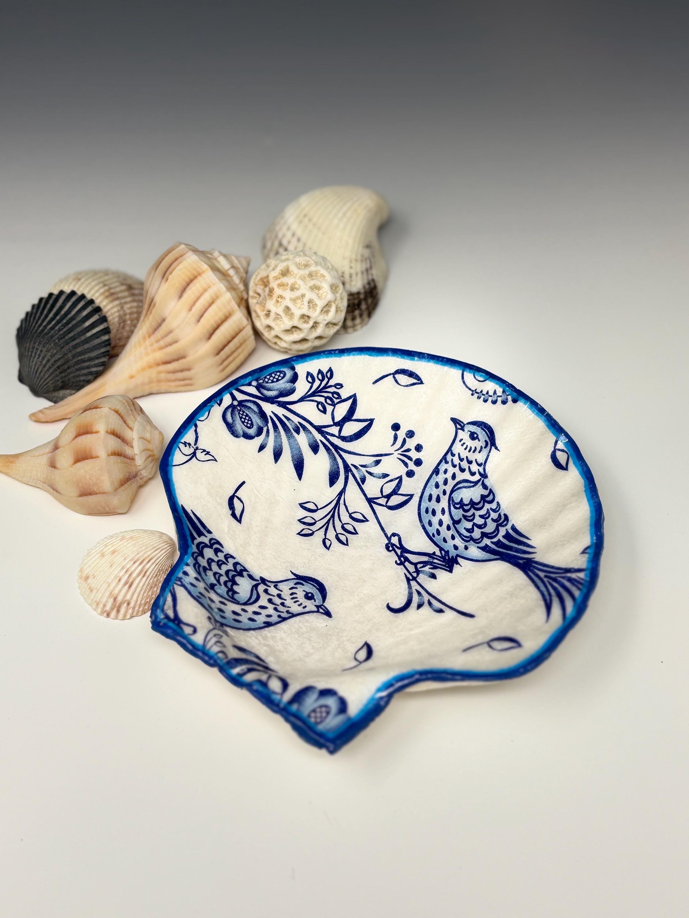 Sea Shell Trinket/Jewelry Dish Decoupage, Blue Bird