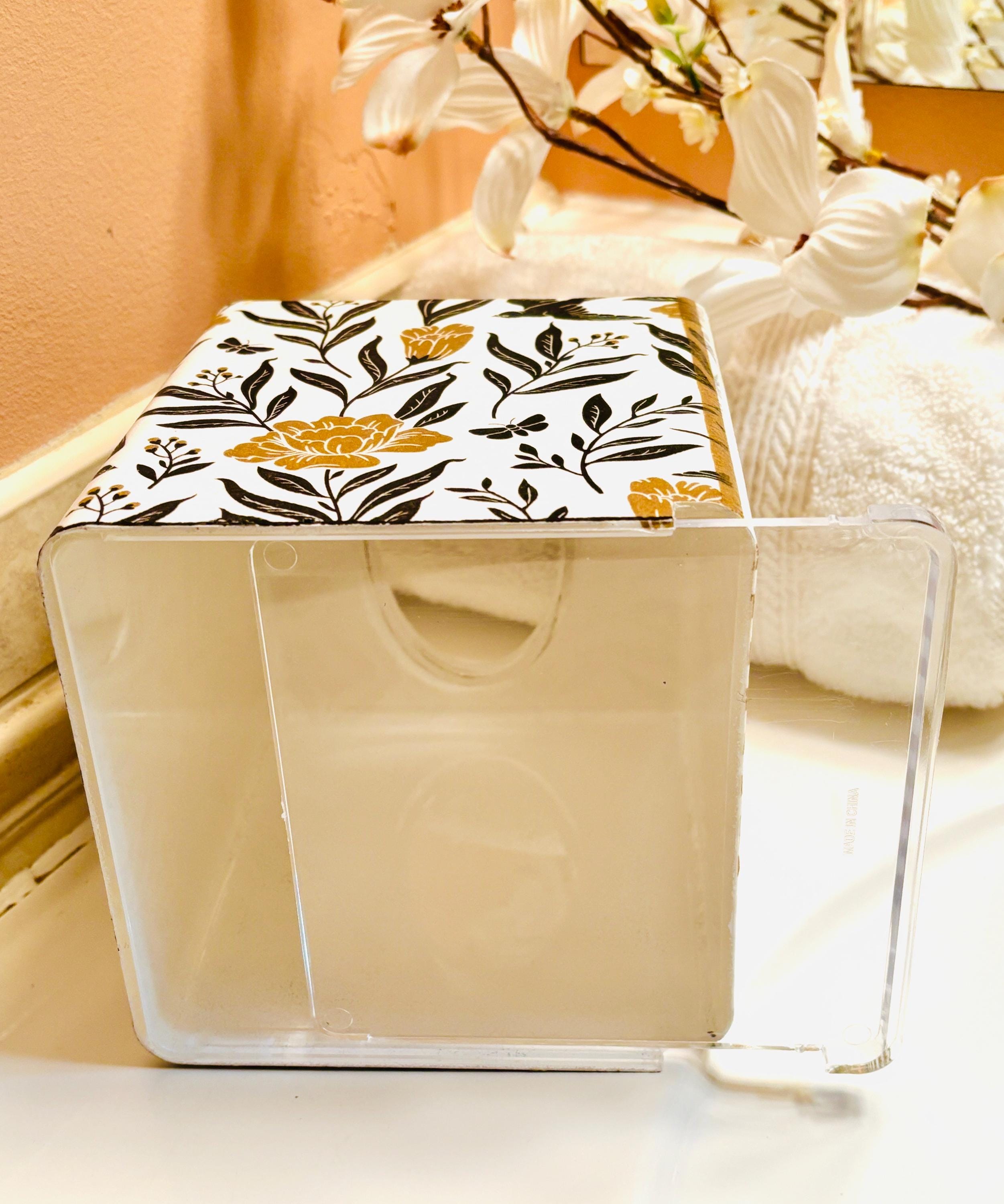 Vanity Tissue Box Holder, Bold Black and Gold, Floral and Stripe Design