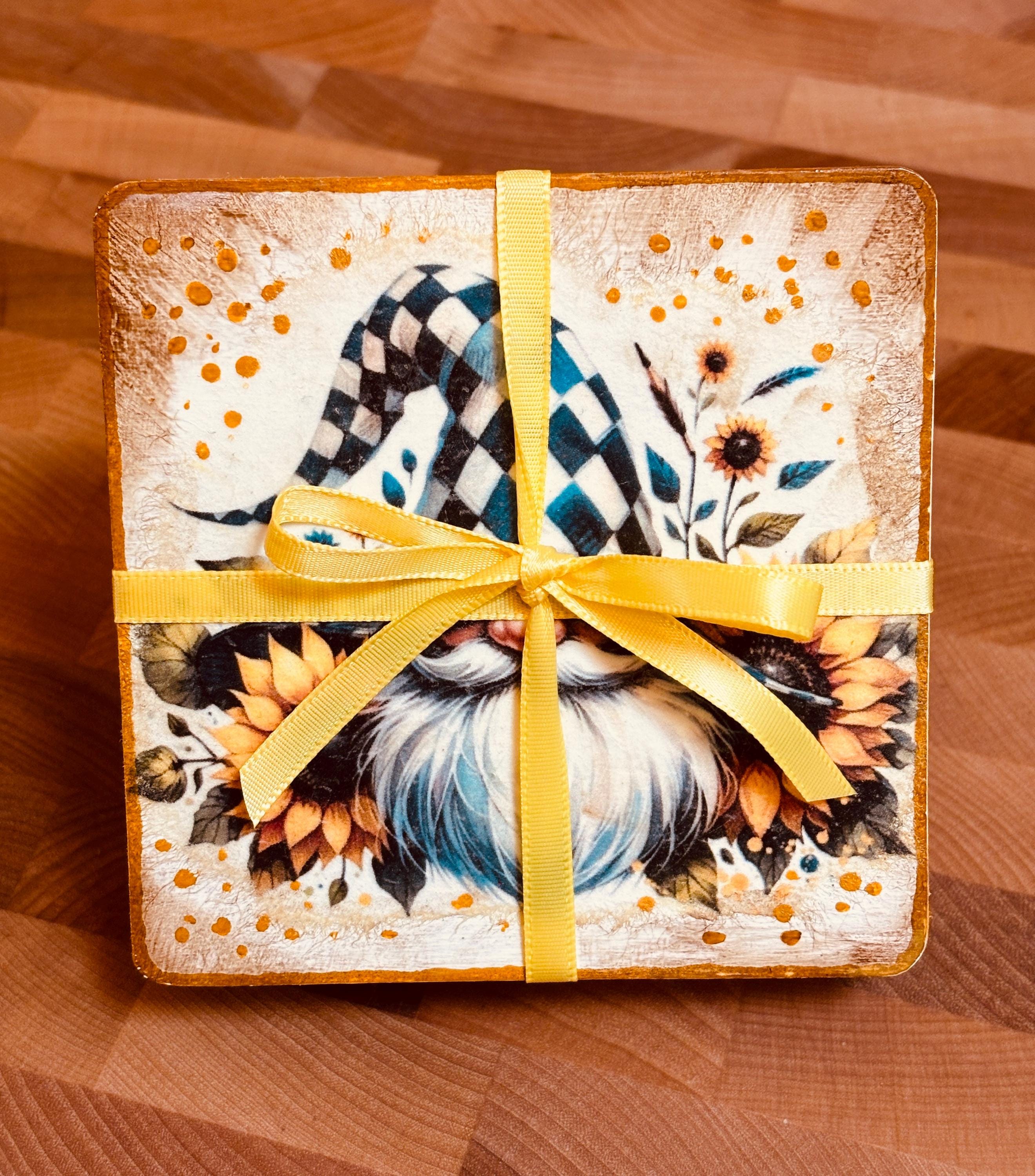 Wood Coasters, Decoupage Art, Gnomes and Sunflowers
