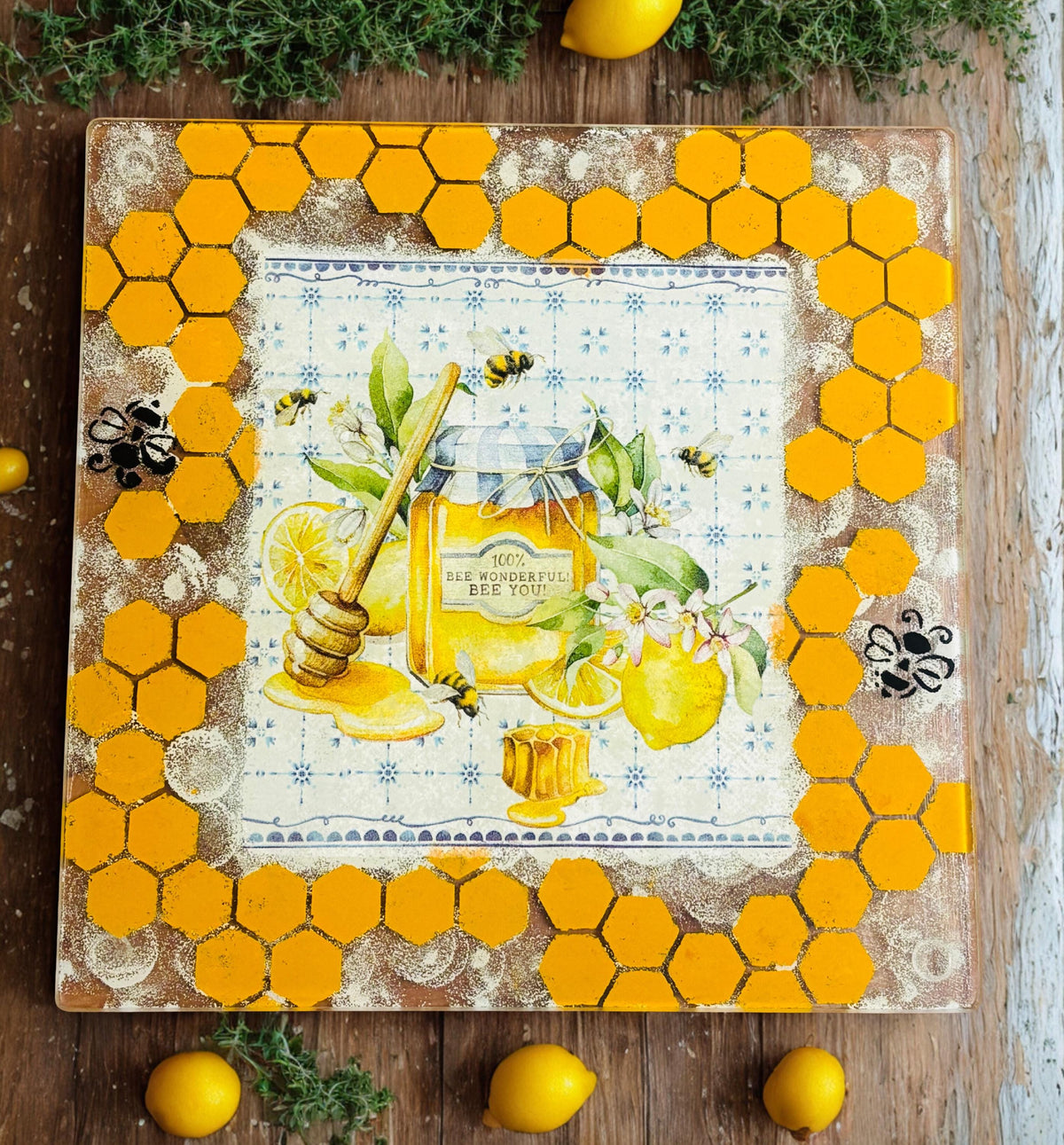 Charcuterie Board Square 10" Glass, Honey Bee